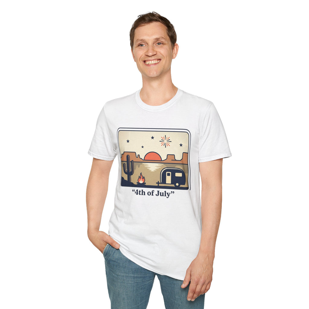 4th of July Retro Desert T-Shirt — Camper, Cactus & Sunset Patriotic Tee