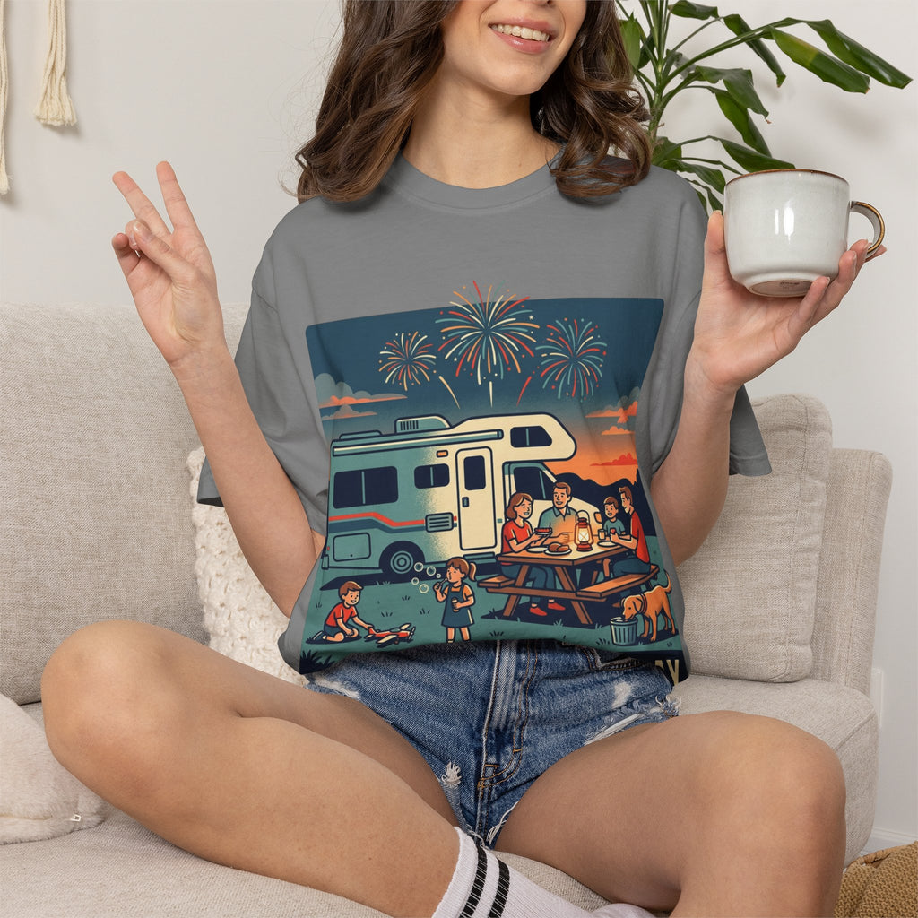 Memorial Day RV Camping T-Shirt – "Happy Memorial Day" Family Campfire Design