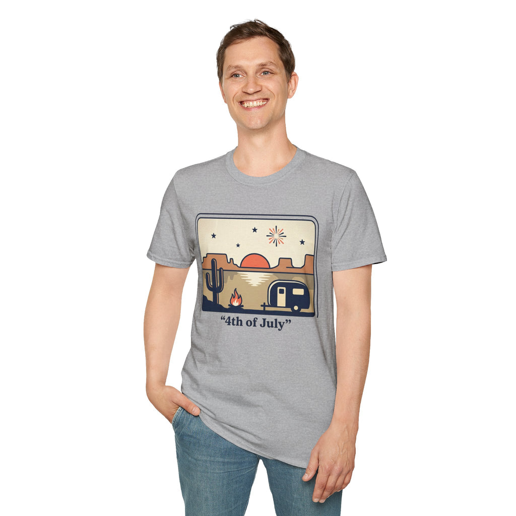 4th of July Retro Desert T-Shirt — Camper, Cactus & Sunset Patriotic Tee