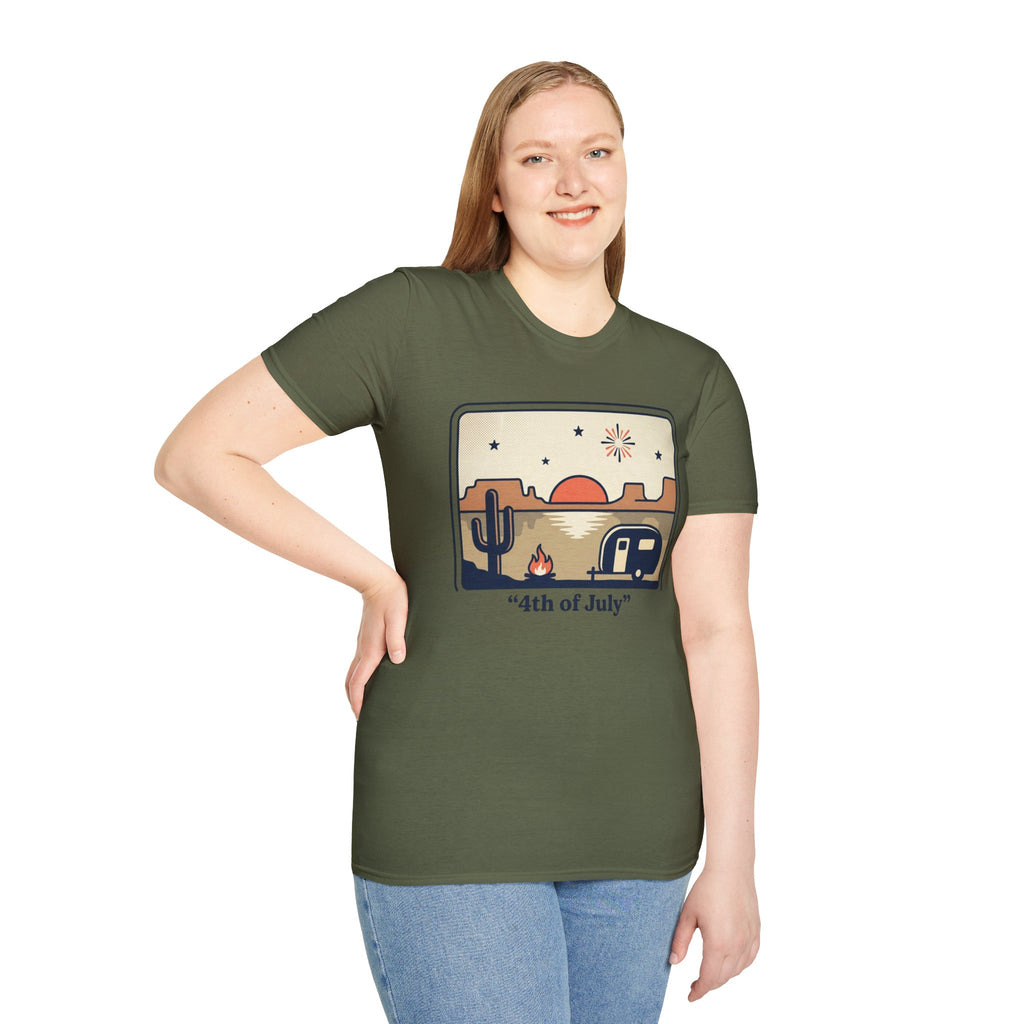 4th of July Retro Desert T-Shirt — Camper, Cactus & Sunset Patriotic Tee