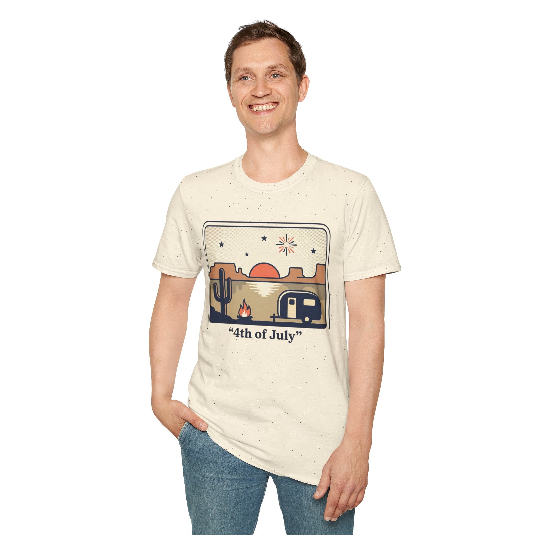 4th of July Retro Desert T-Shirt — Camper, Cactus & Sunset Patriotic Tee
