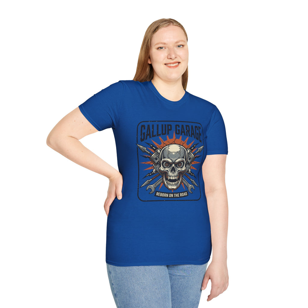 Gallup Garage Skull Tee — Vintage Automotive Mechanic T‑Shirt