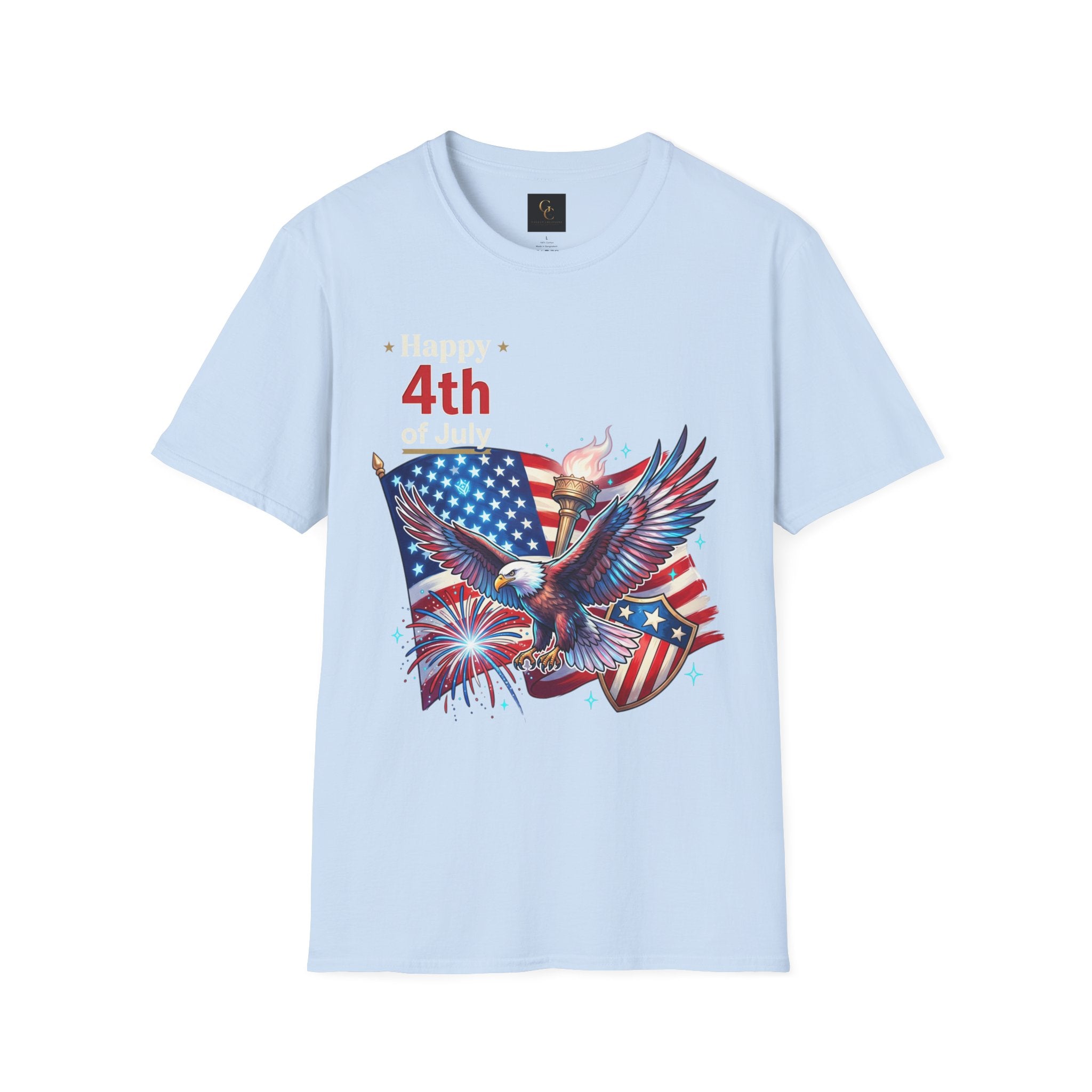 4th of July Eagle T-Shirt — American Flag, Torch & Fireworks Patriotic Tee