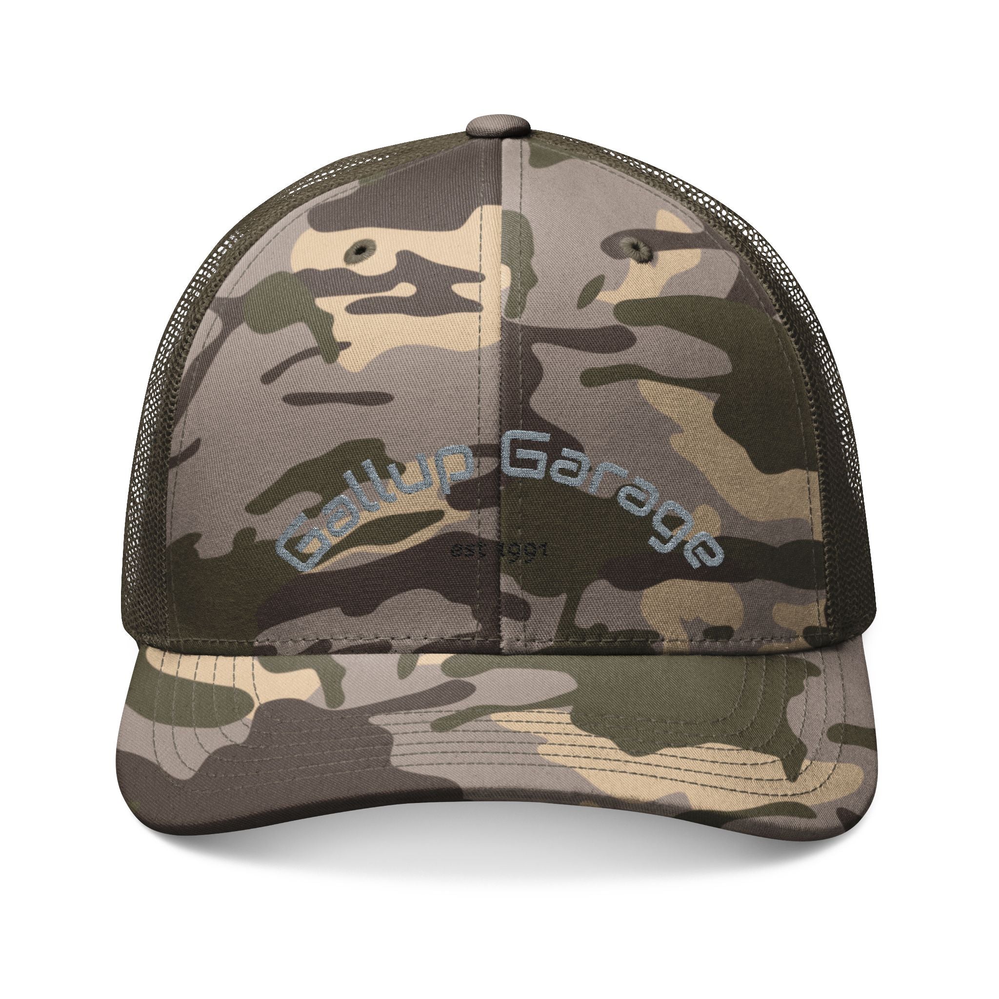 Camo Trucker Hat — Embroidered 'Hugo Garage' Mesh Back Cap