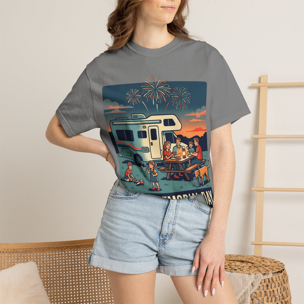 Memorial Day RV Camping T-Shirt – "Happy Memorial Day" Family Campfire Design