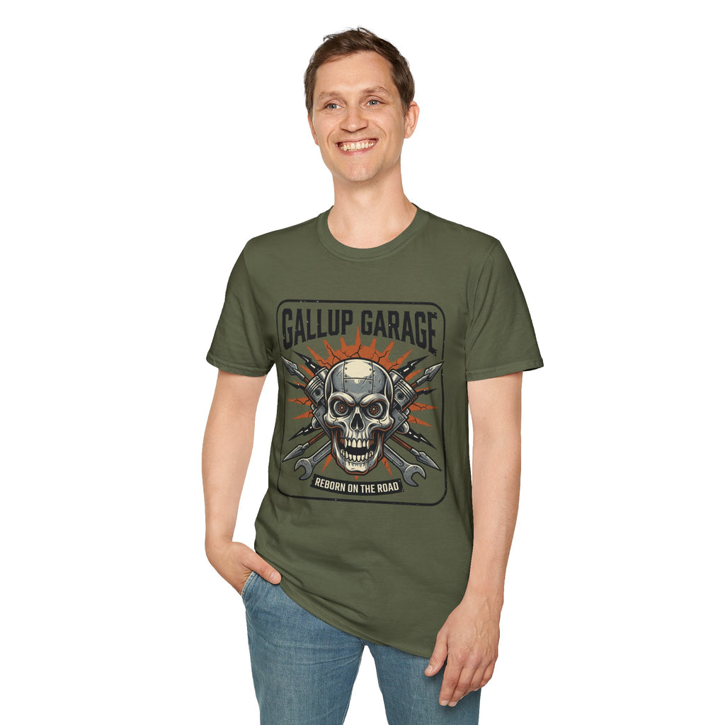 Gallup Garage Skull Tee — Vintage Automotive Mechanic T‑Shirt