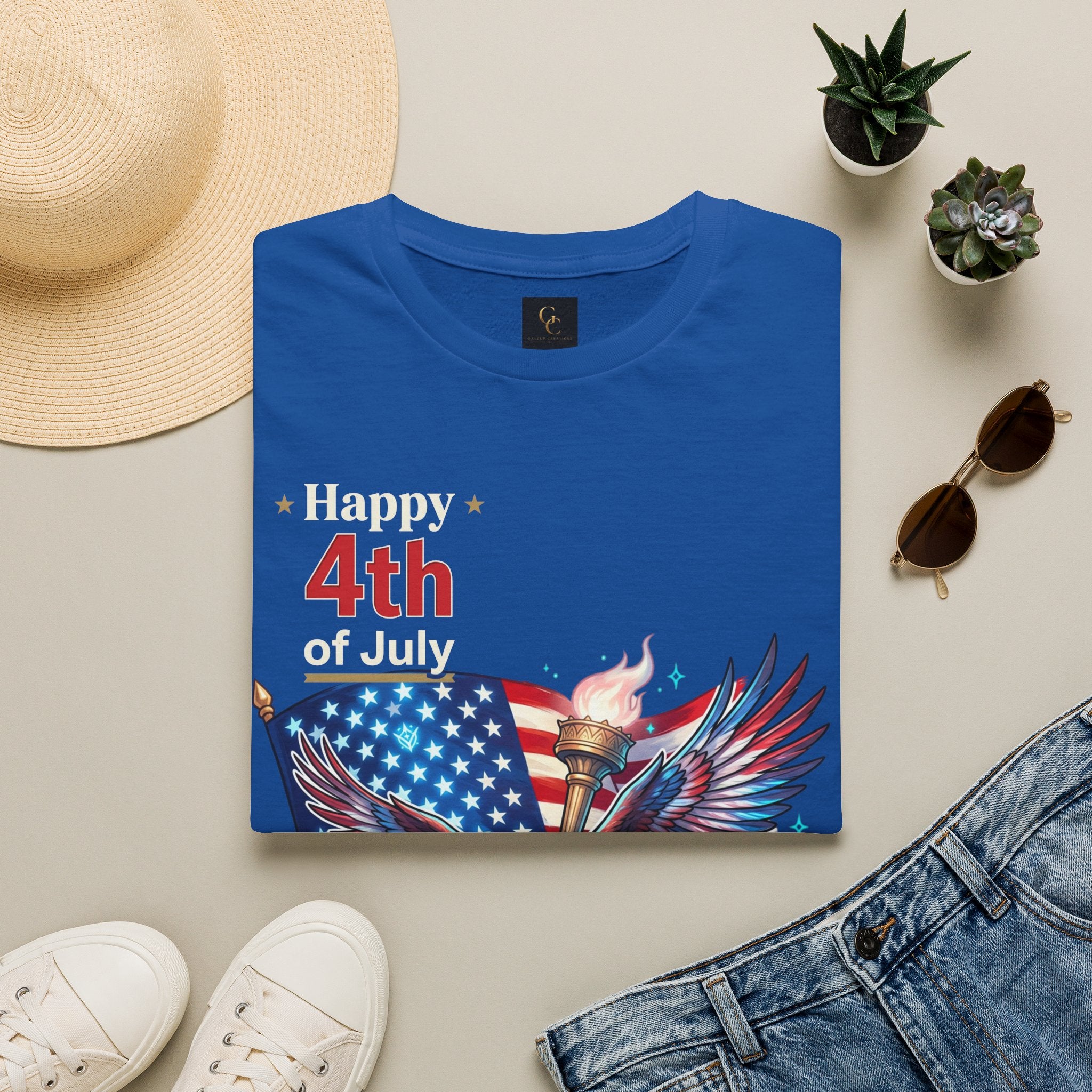 4th of July Eagle T-Shirt — American Flag, Torch & Fireworks Patriotic Tee