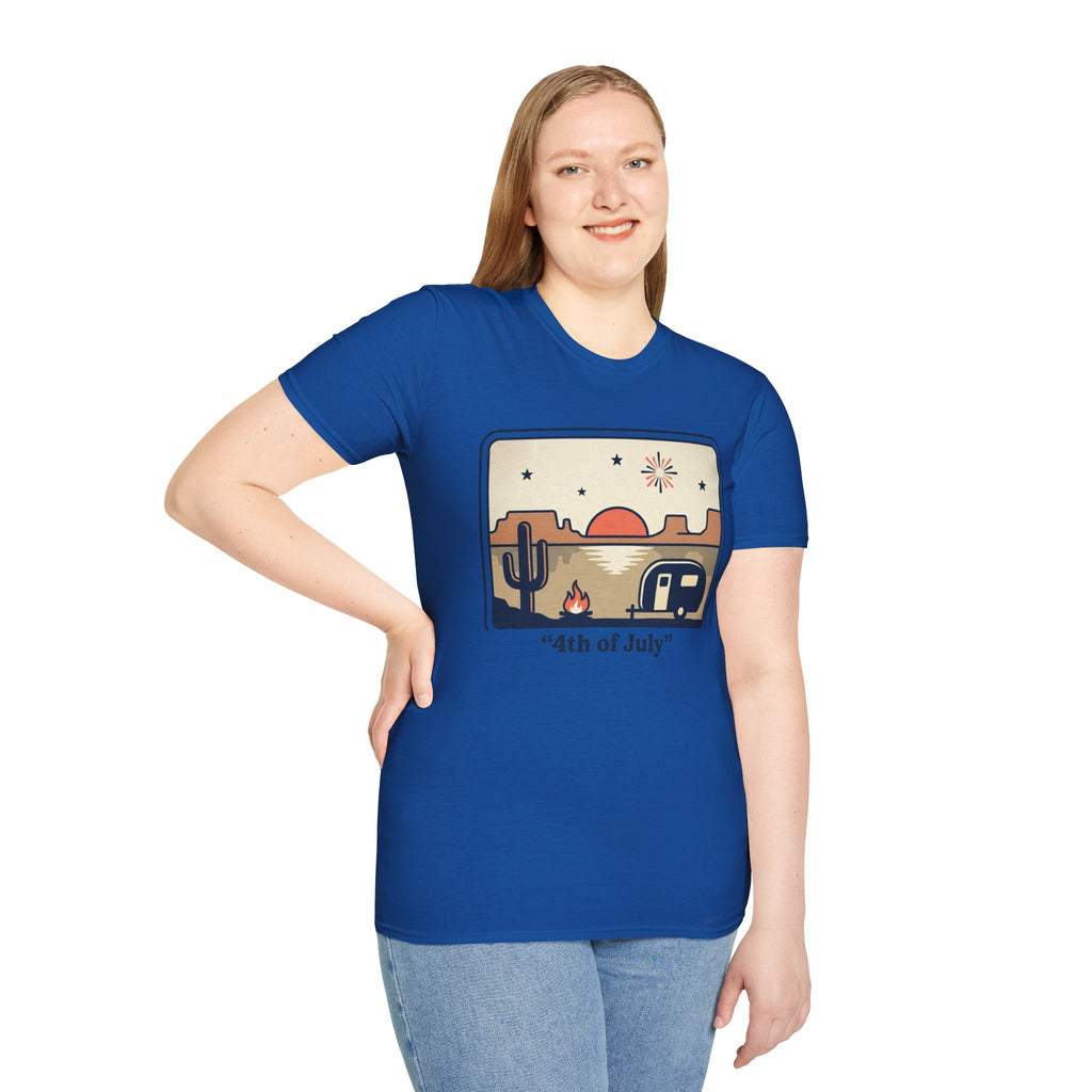 4th of July Retro Desert T-Shirt — Camper, Cactus & Sunset Patriotic Tee