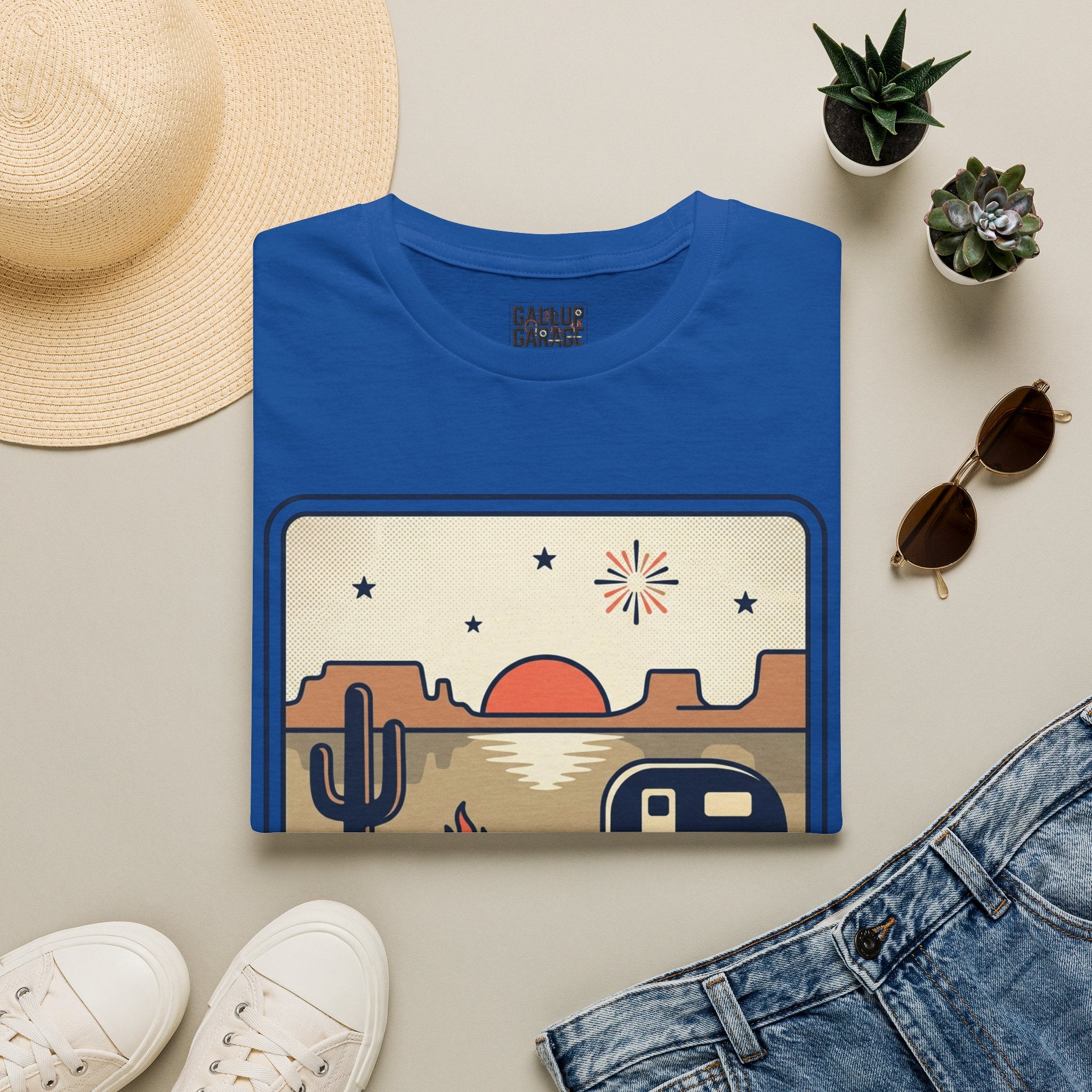 4th of July Retro Desert T-Shirt — Camper, Cactus & Sunset Patriotic Tee