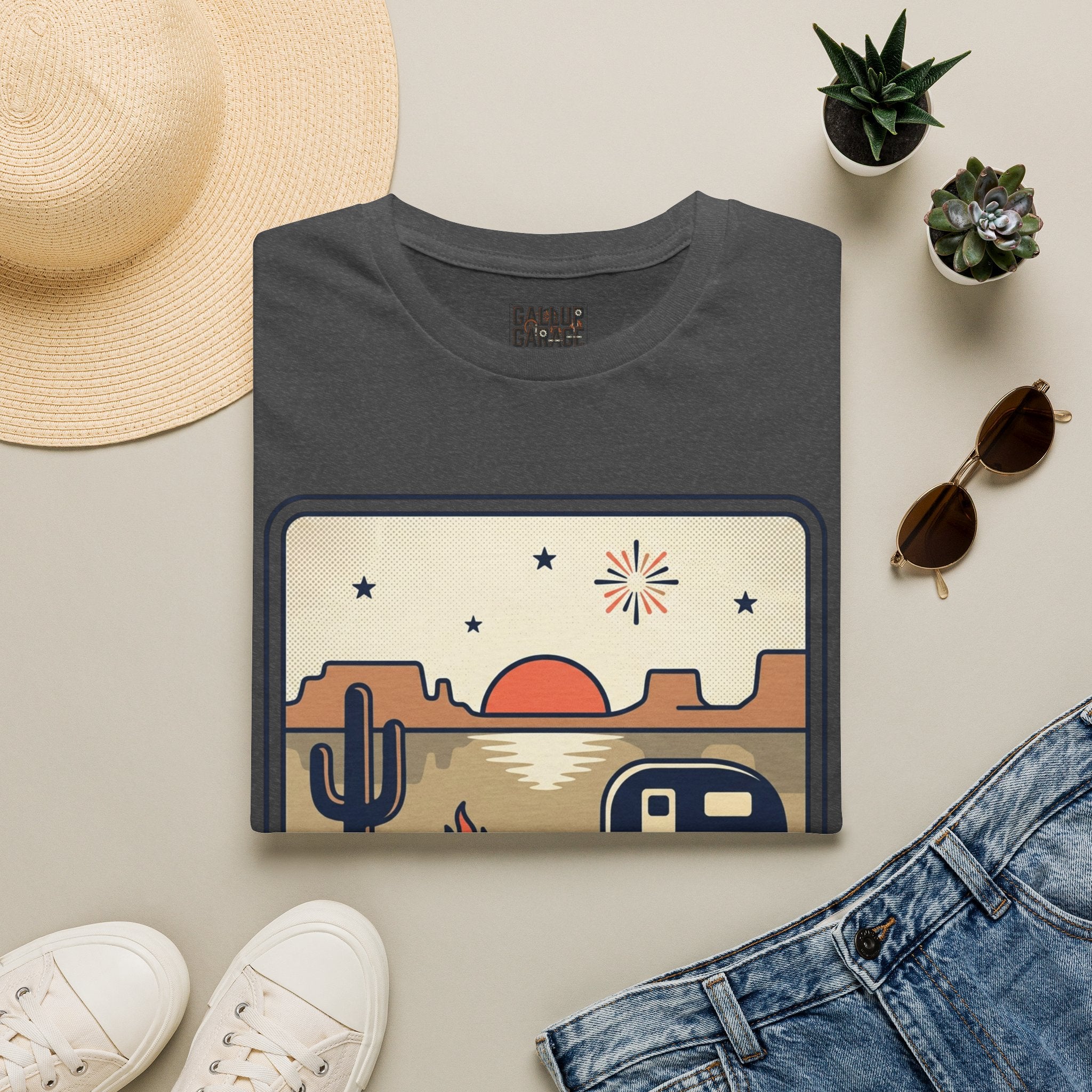 4th of July Retro Desert T-Shirt — Camper, Cactus & Sunset Patriotic Tee