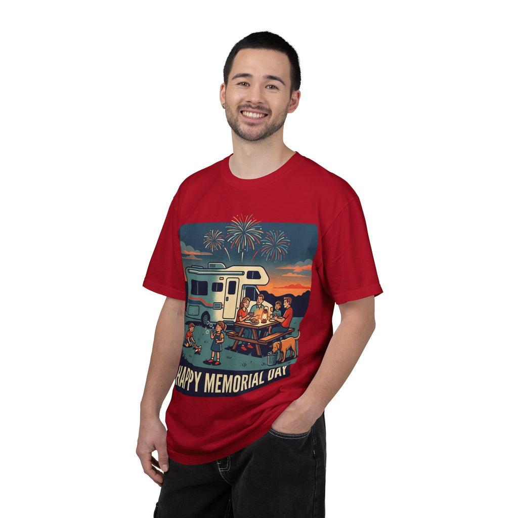 Memorial Day RV Camping T-Shirt – "Happy Memorial Day" Family Campfire Design