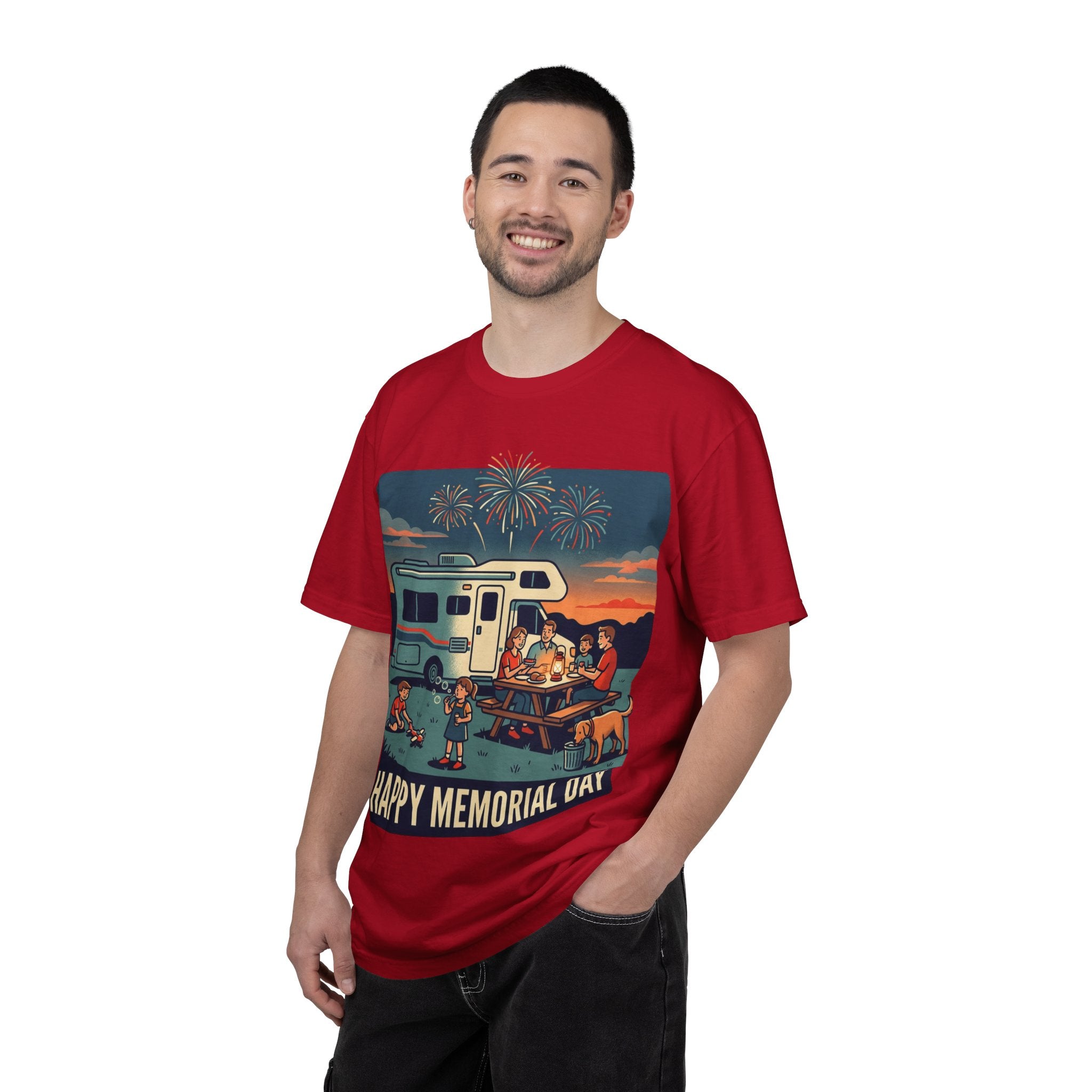 Memorial Day RV Camping T-Shirt – "Happy Memorial Day" Family Campfire Design
