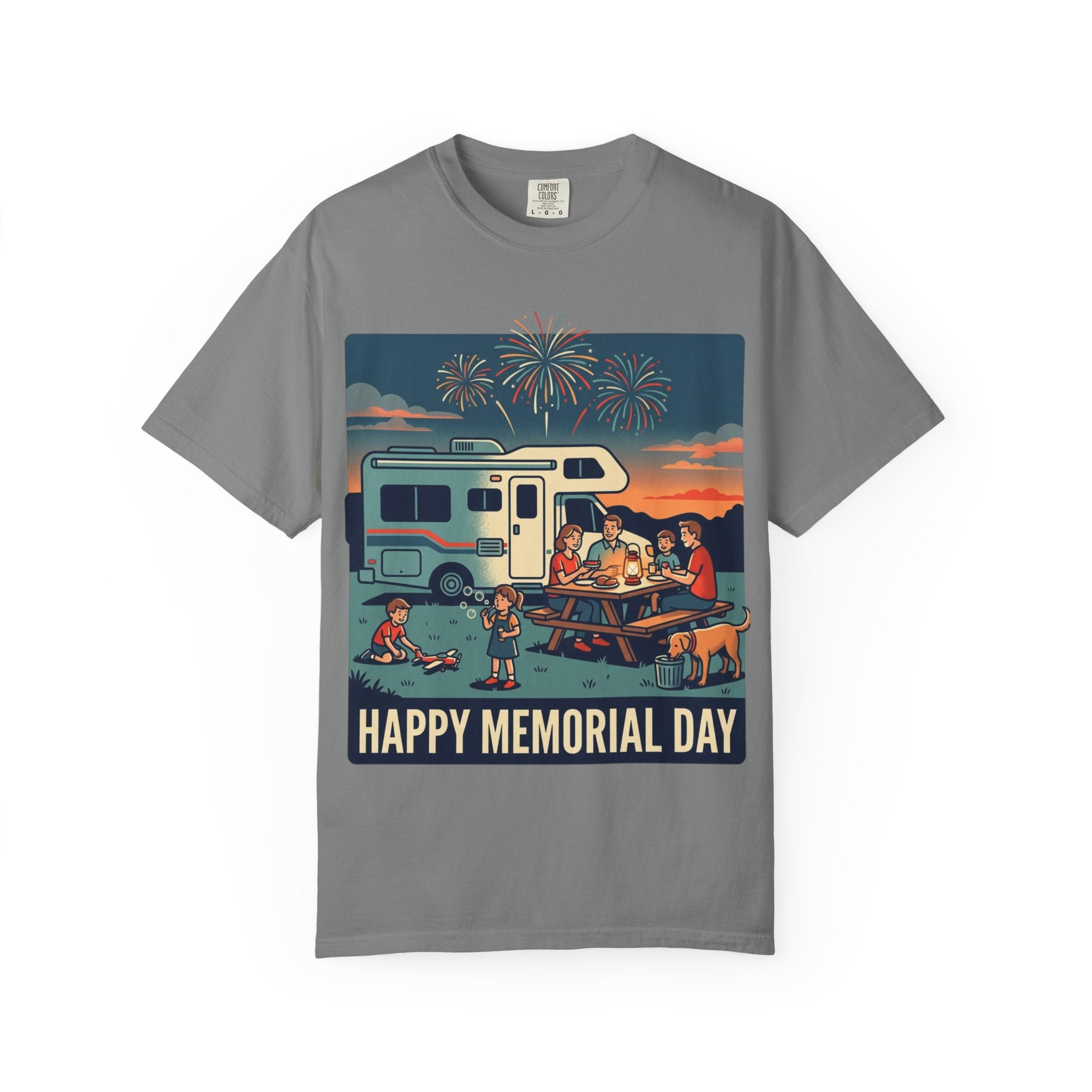 Memorial Day RV Camping T-Shirt – "Happy Memorial Day" Family Campfire Design