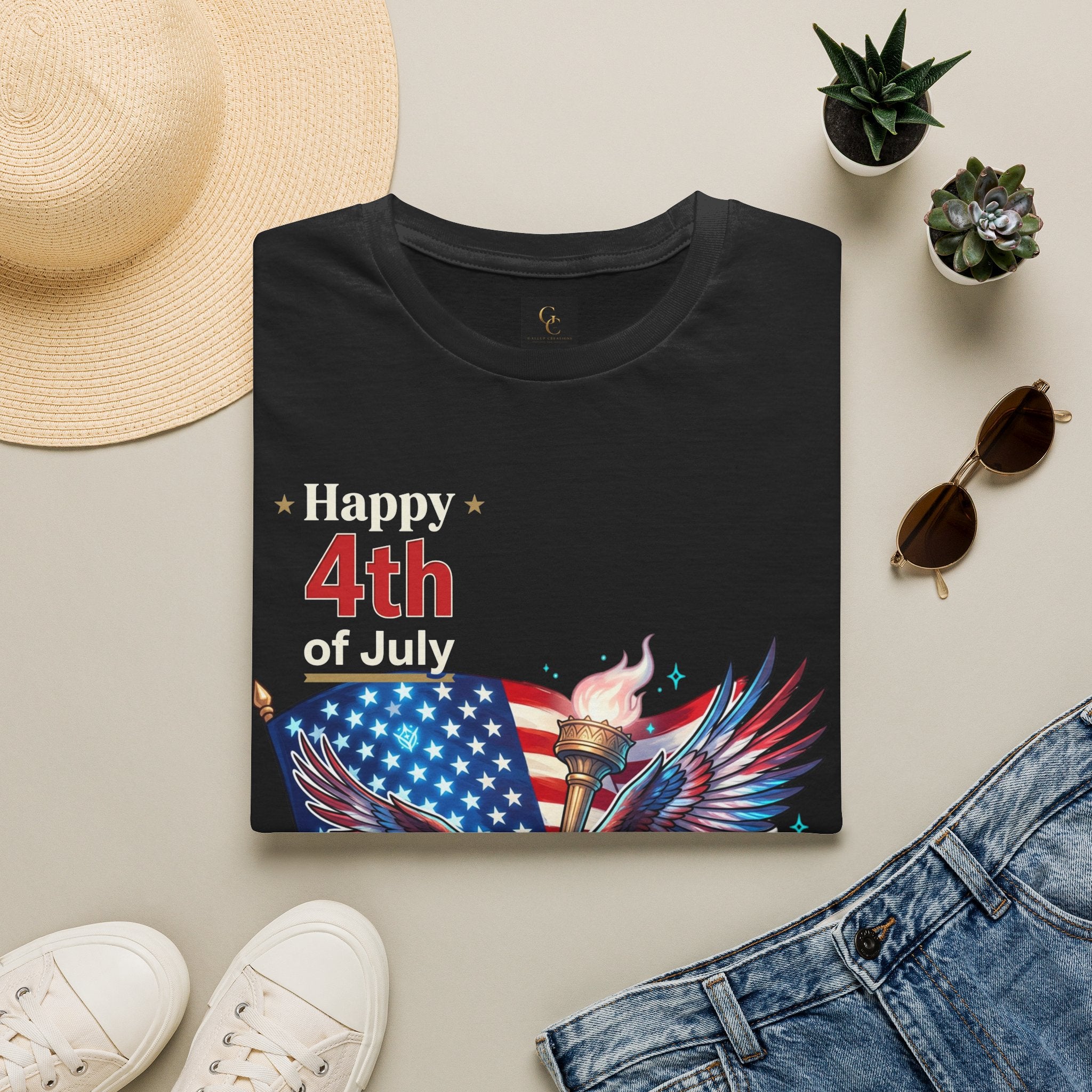 4th of July Eagle T-Shirt — American Flag, Torch & Fireworks Patriotic Tee