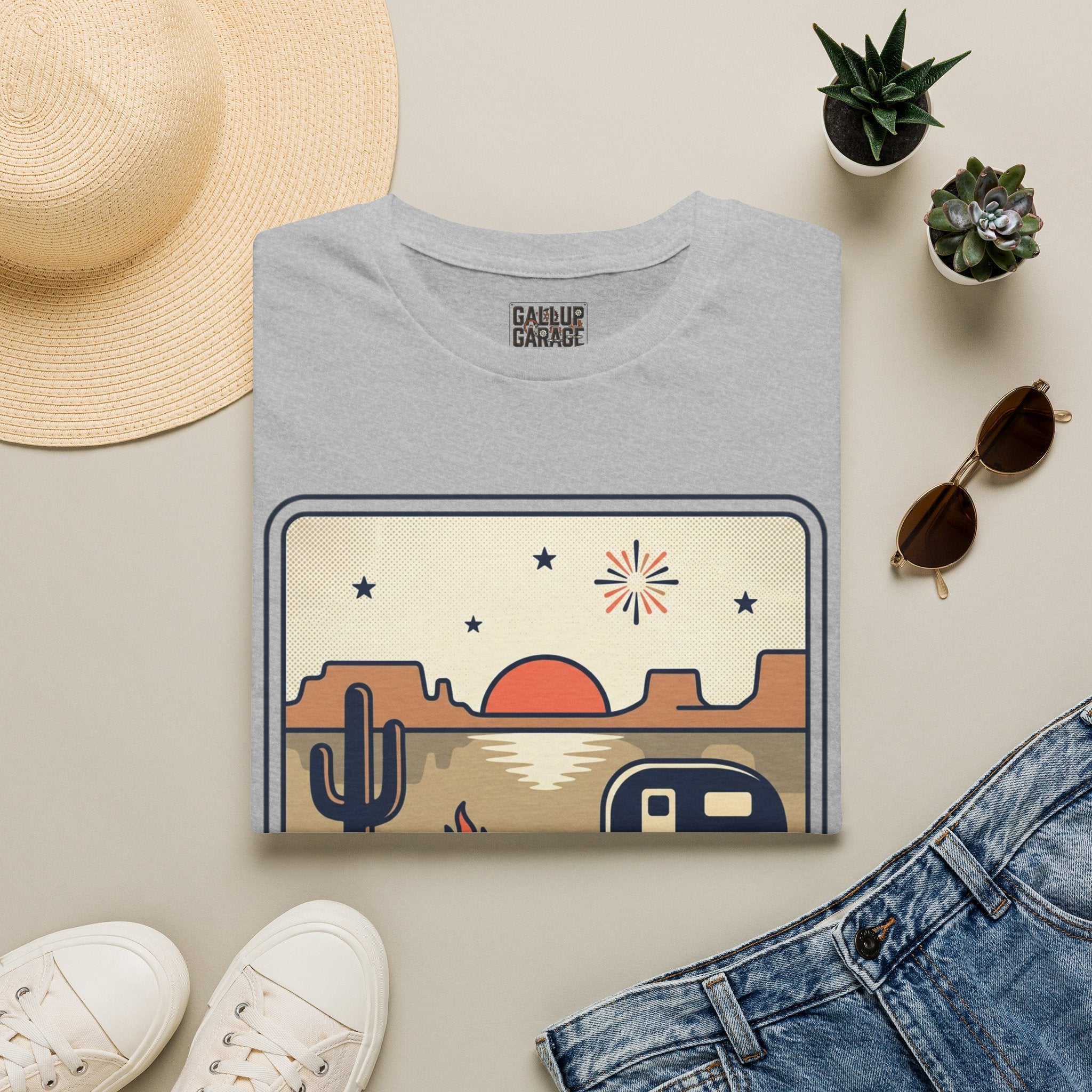 4th of July Retro Desert T-Shirt — Camper, Cactus & Sunset Patriotic Tee