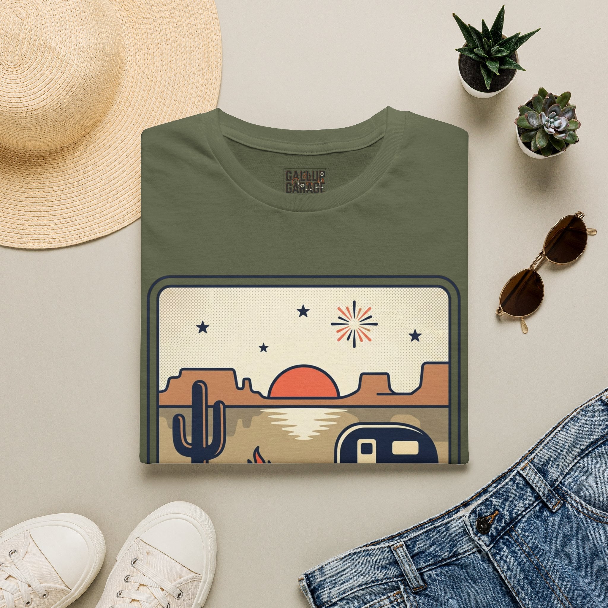 4th of July Retro Desert T-Shirt — Camper, Cactus & Sunset Patriotic Tee