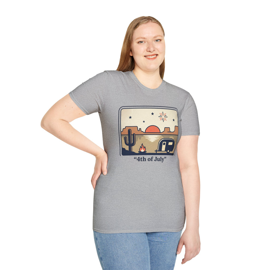4th of July Retro Desert T-Shirt — Camper, Cactus & Sunset Patriotic Tee
