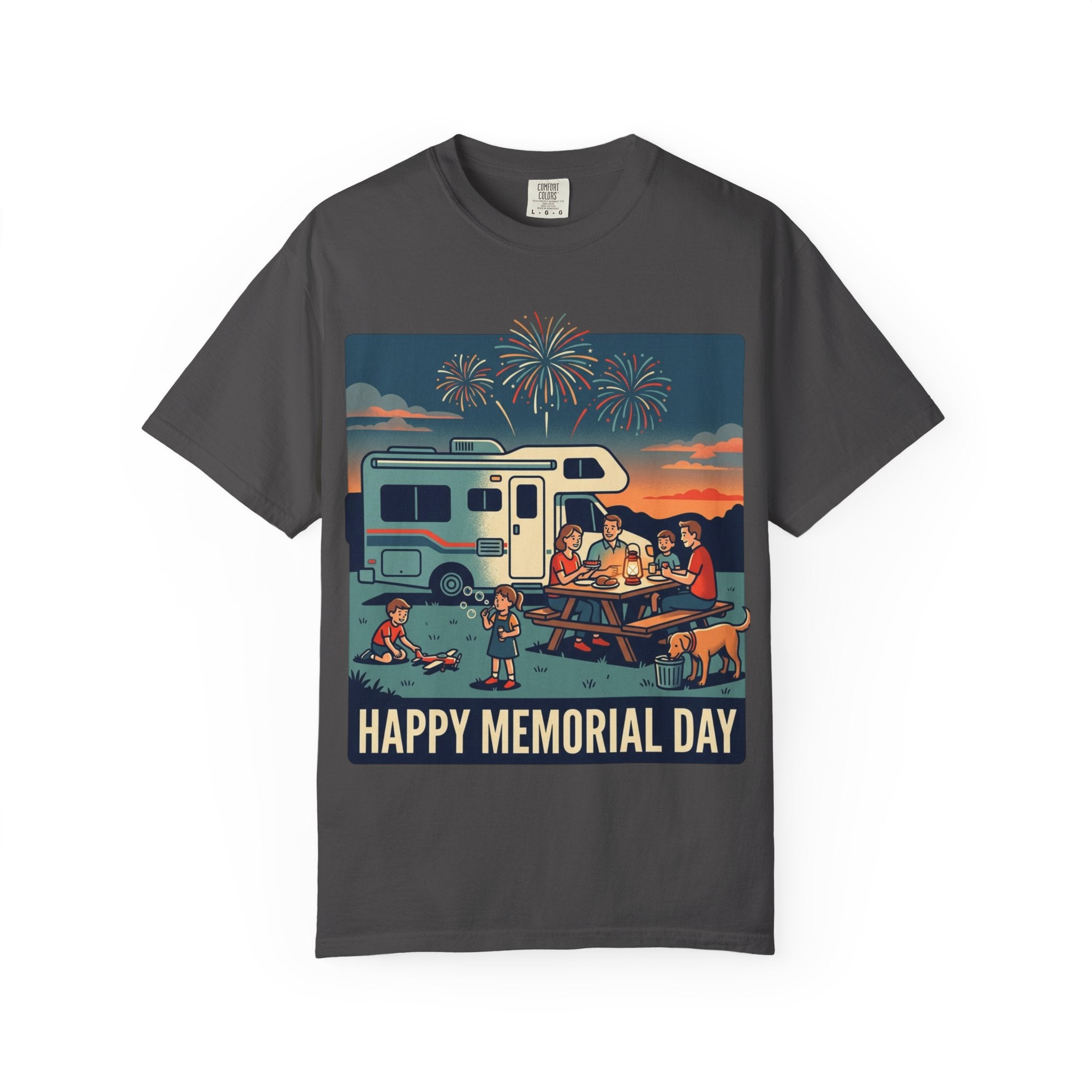 Memorial Day RV Camping T-Shirt – "Happy Memorial Day" Family Campfire Design