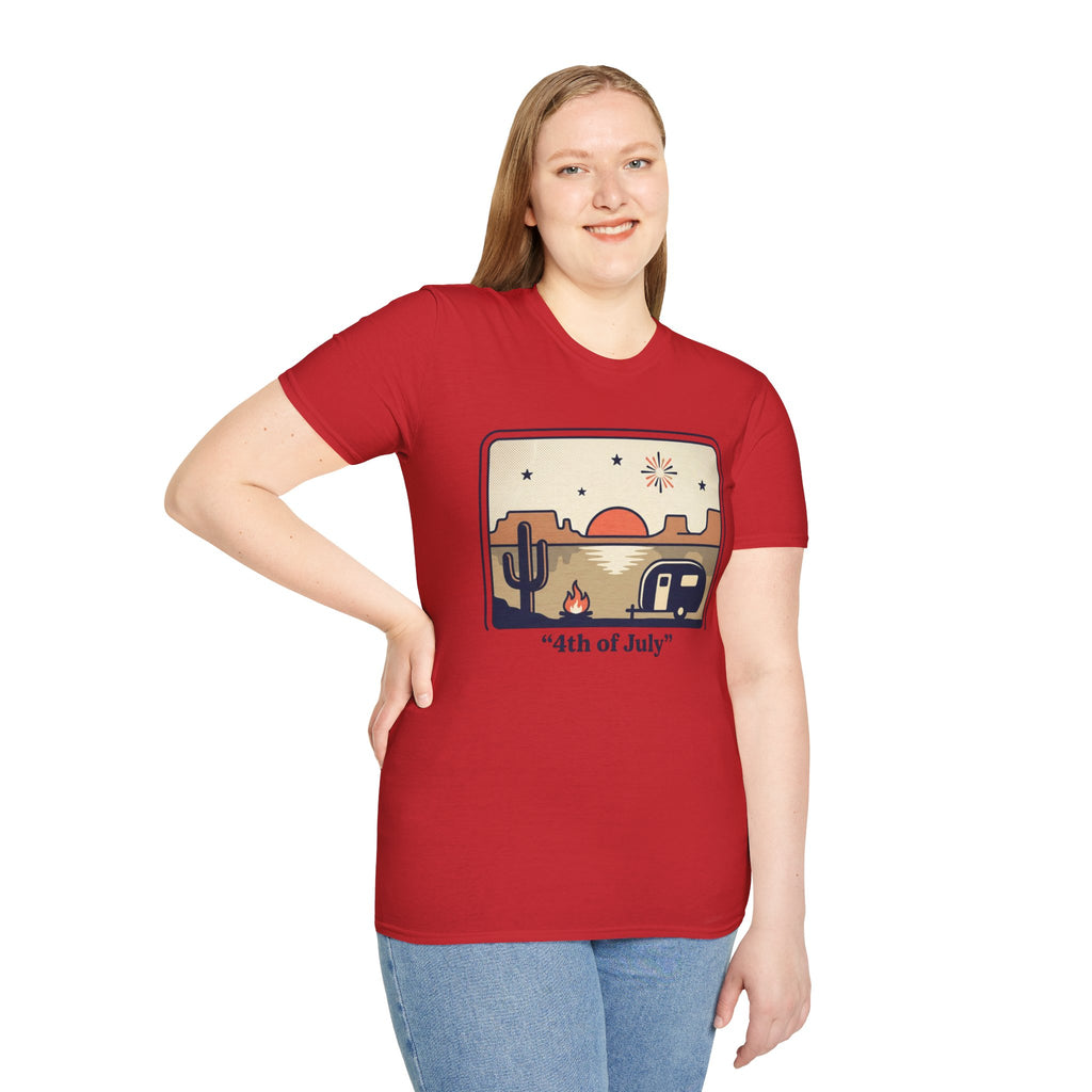 4th of July Retro Desert T-Shirt — Camper, Cactus & Sunset Patriotic Tee