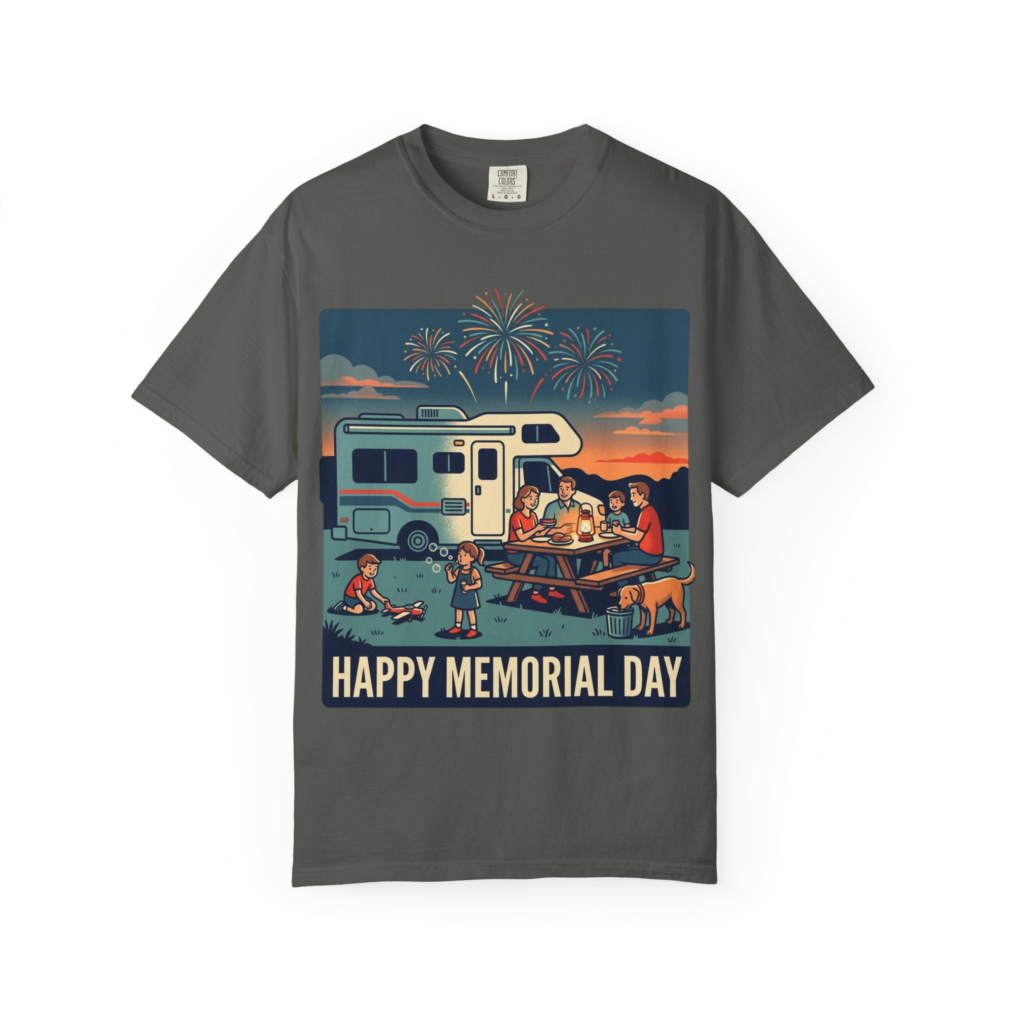 Memorial Day RV Camping T-Shirt – "Happy Memorial Day" Family Campfire Design