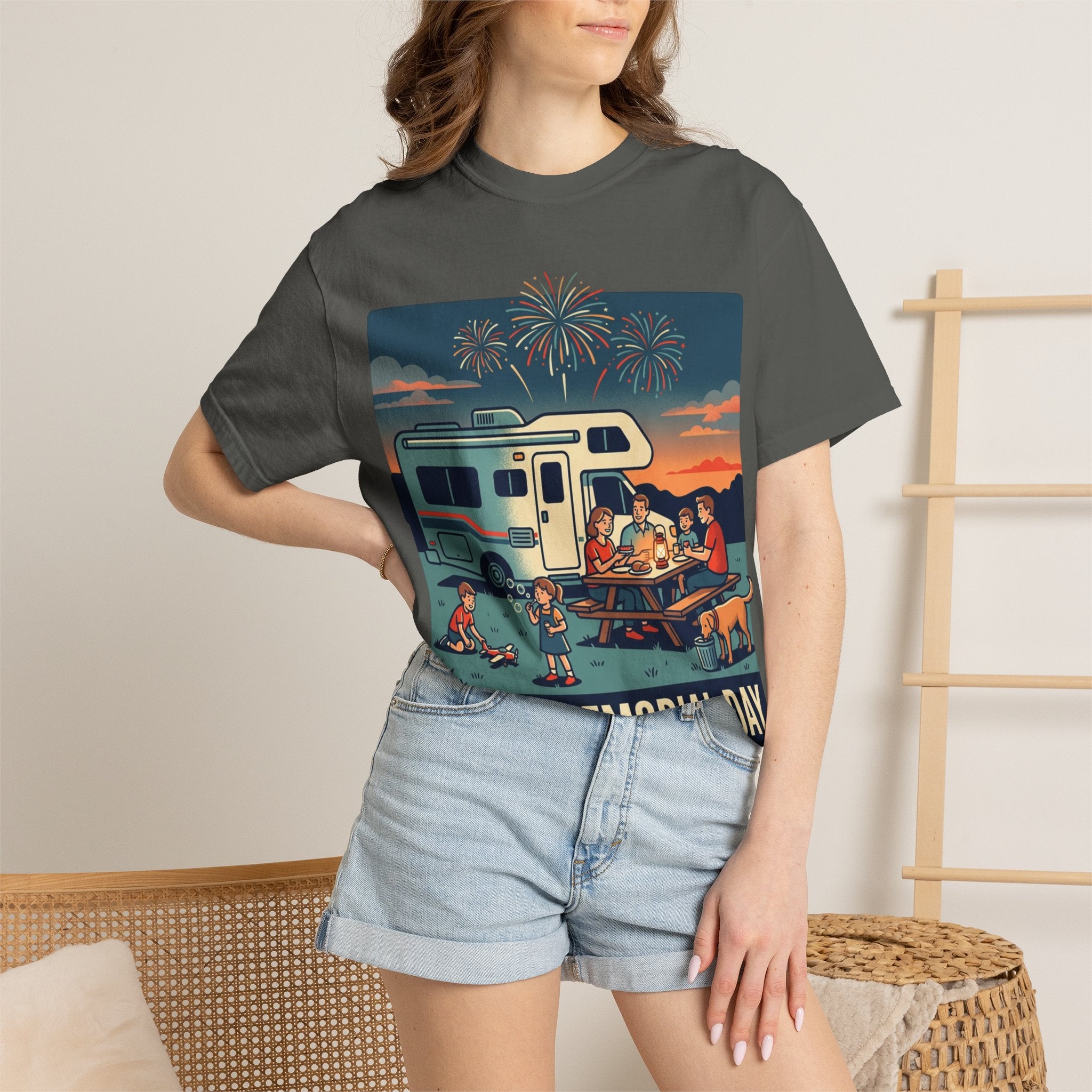 Memorial Day RV Camping T-Shirt – "Happy Memorial Day" Family Campfire Design