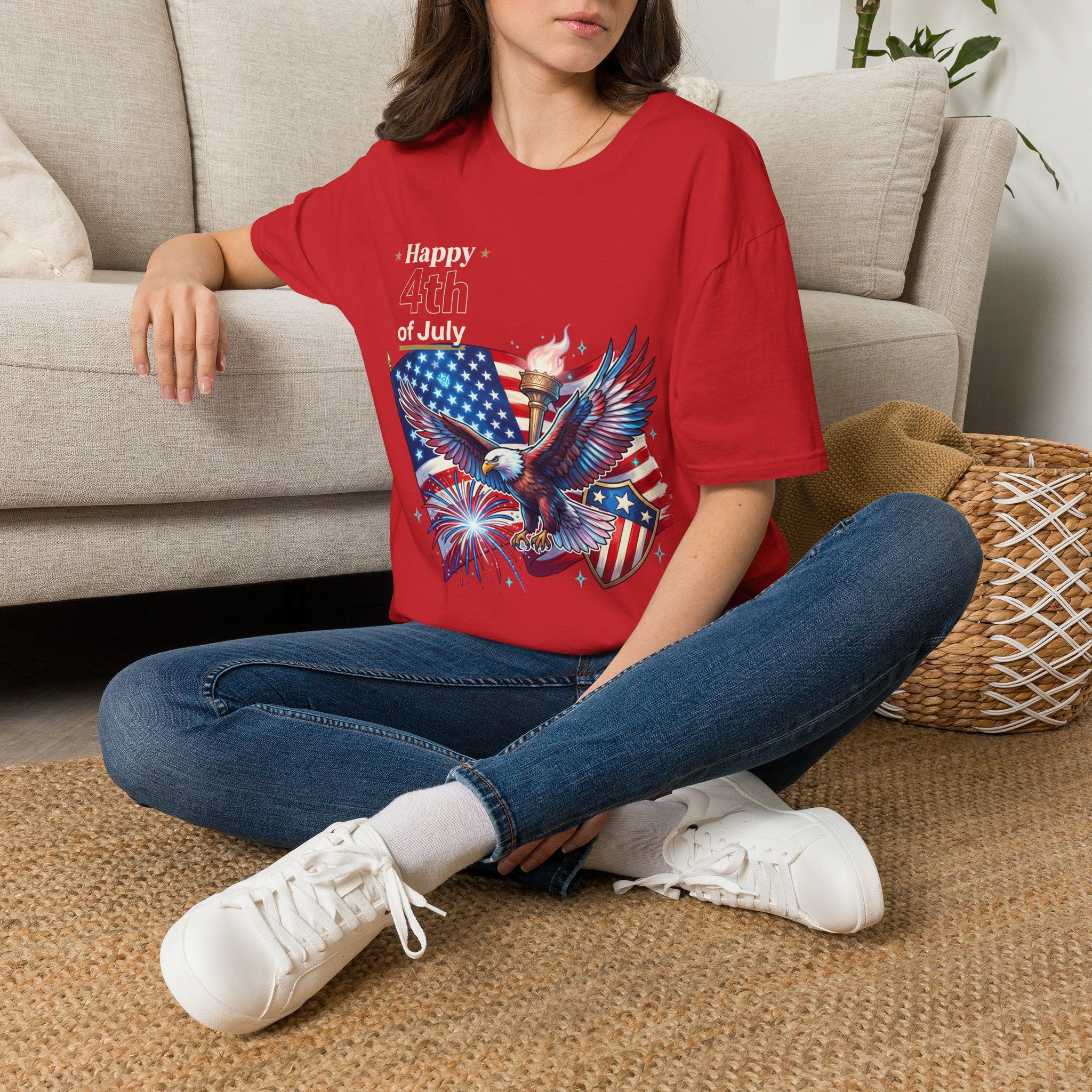 4th of July Eagle T-Shirt — American Flag, Torch & Fireworks Patriotic Tee