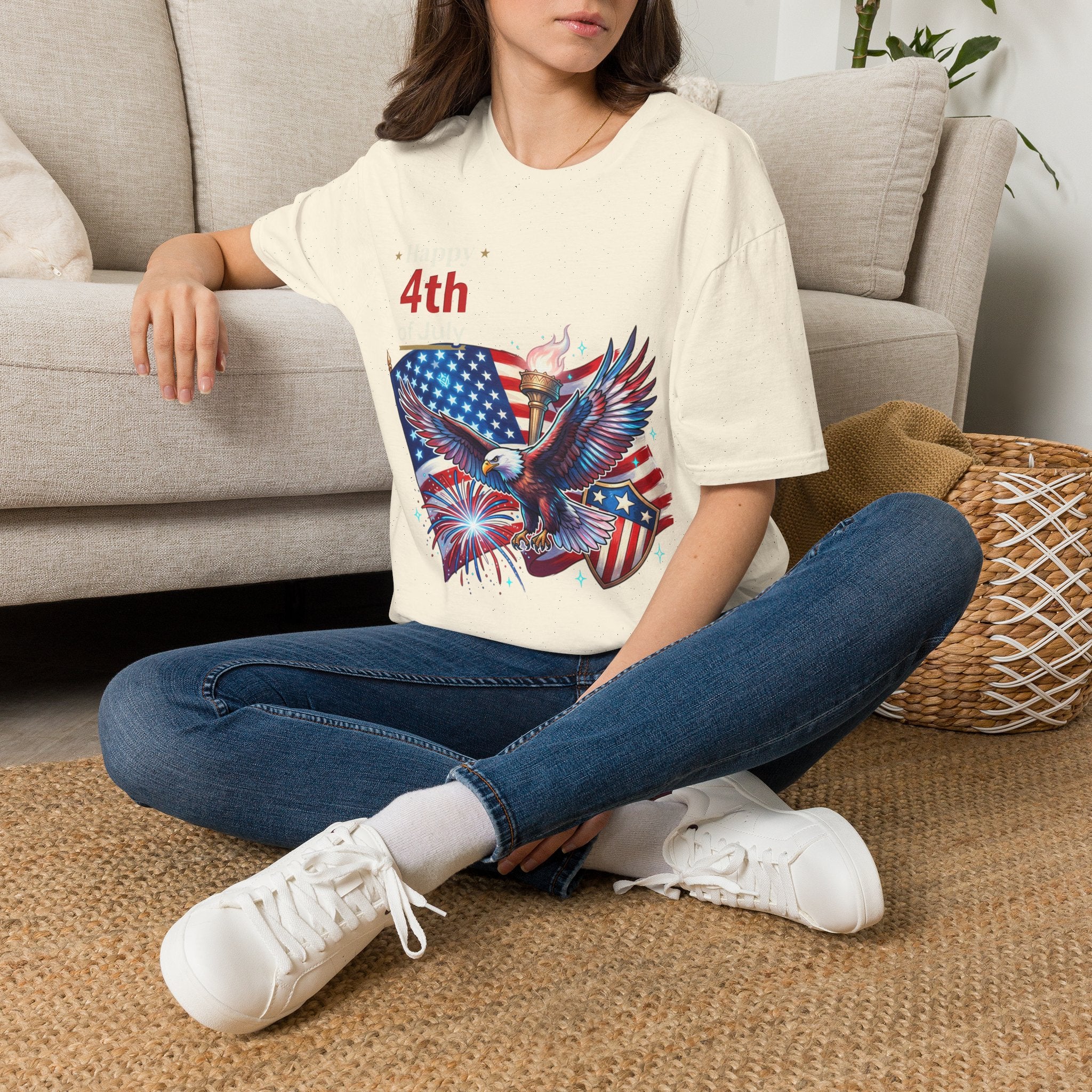 4th of July Eagle T-Shirt — American Flag, Torch & Fireworks Patriotic Tee
