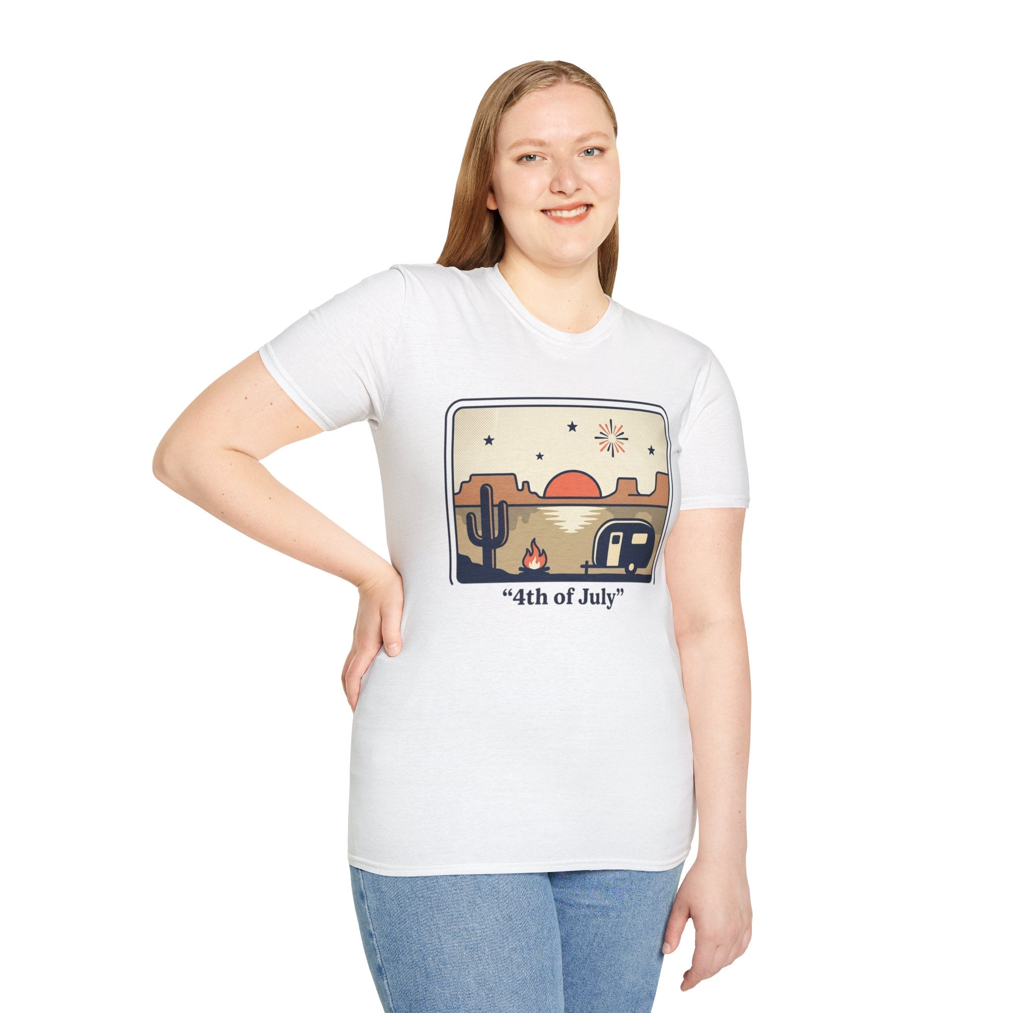 4th of July Retro Desert T-Shirt — Camper, Cactus & Sunset Patriotic Tee