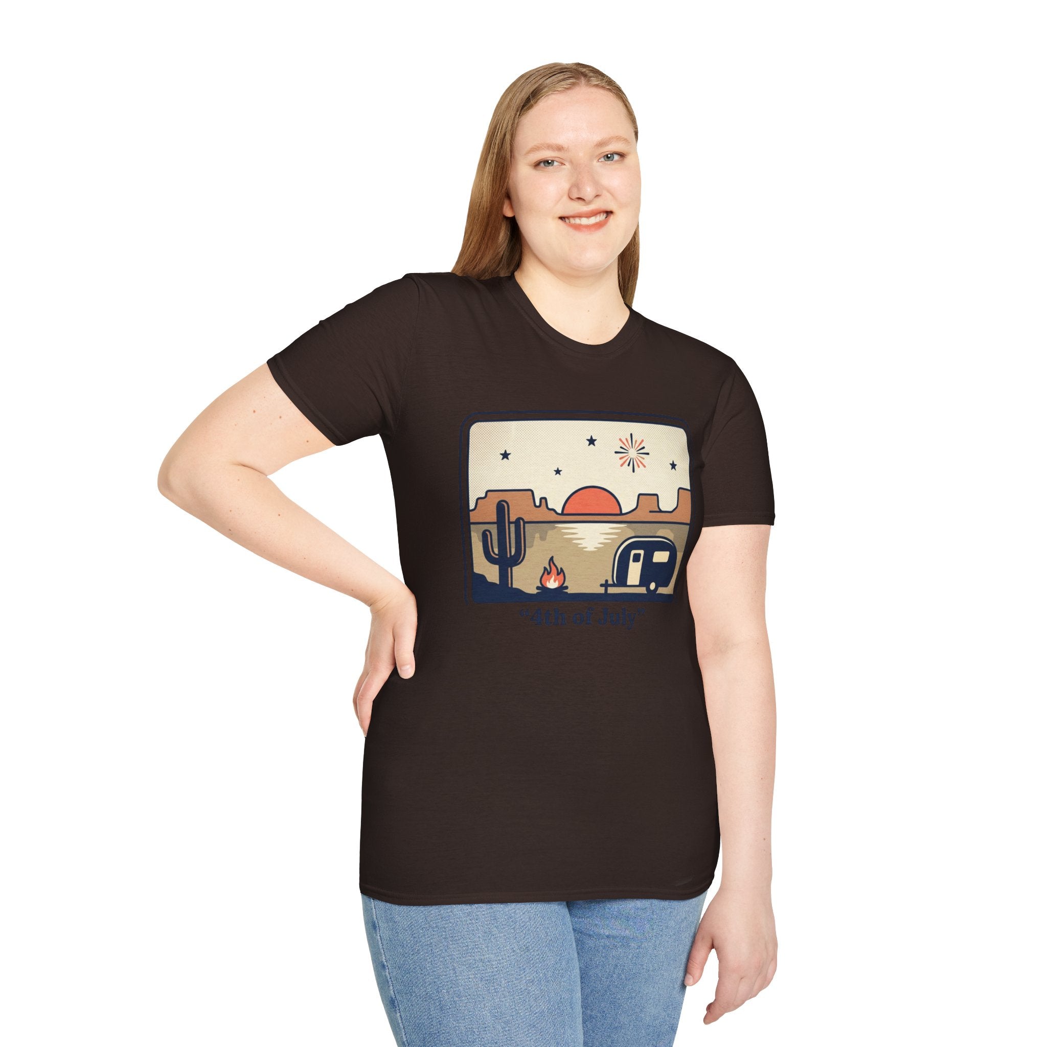4th of July Retro Desert T-Shirt — Camper, Cactus & Sunset Patriotic Tee