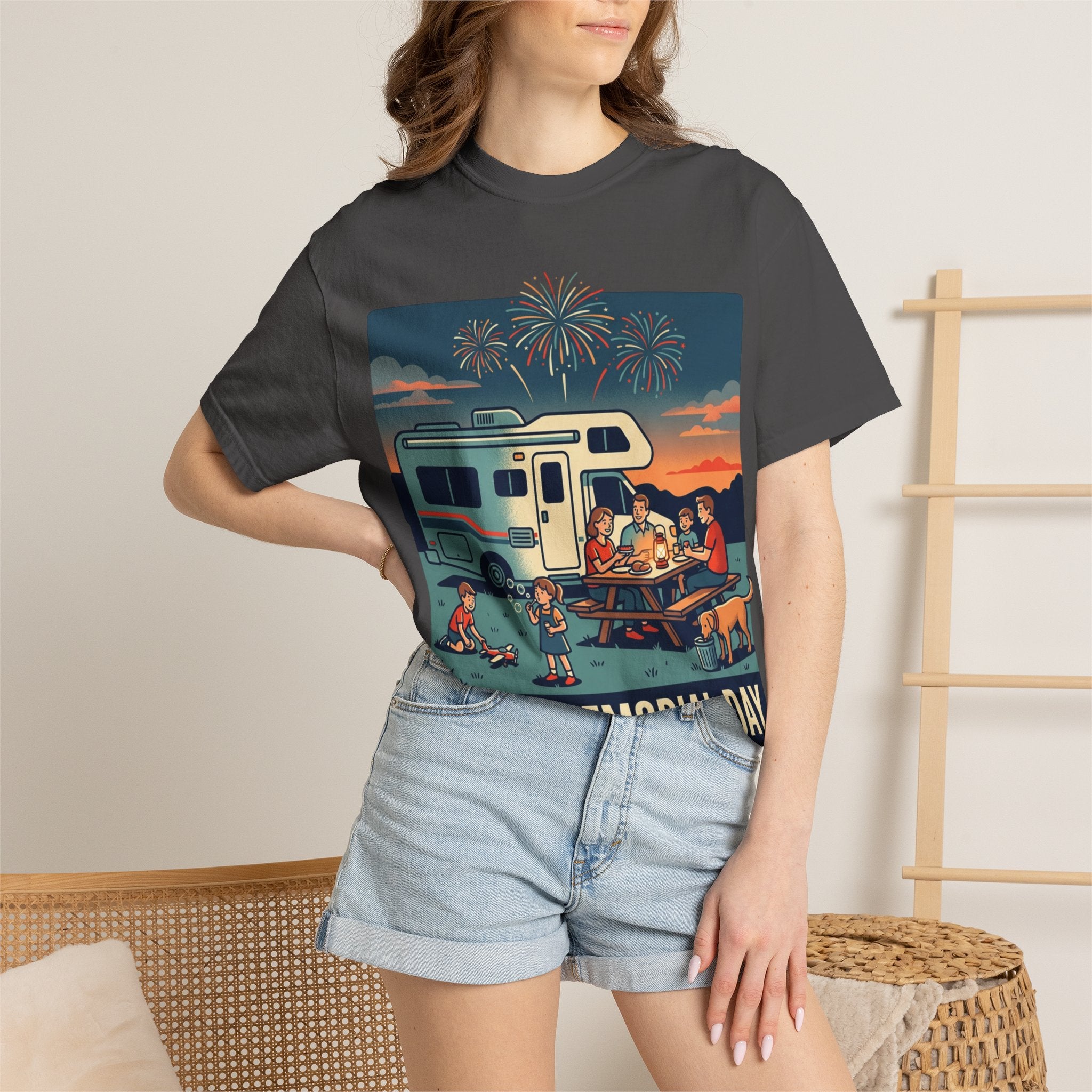 Memorial Day RV Camping T-Shirt – "Happy Memorial Day" Family Campfire Design