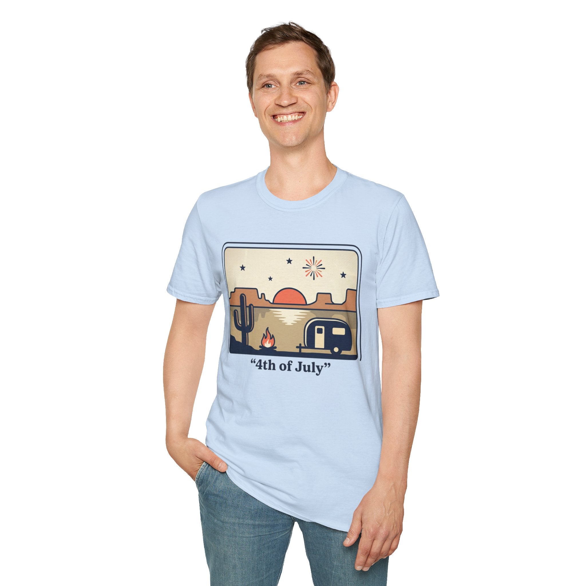 4th of July Retro Desert T-Shirt — Camper, Cactus & Sunset Patriotic Tee