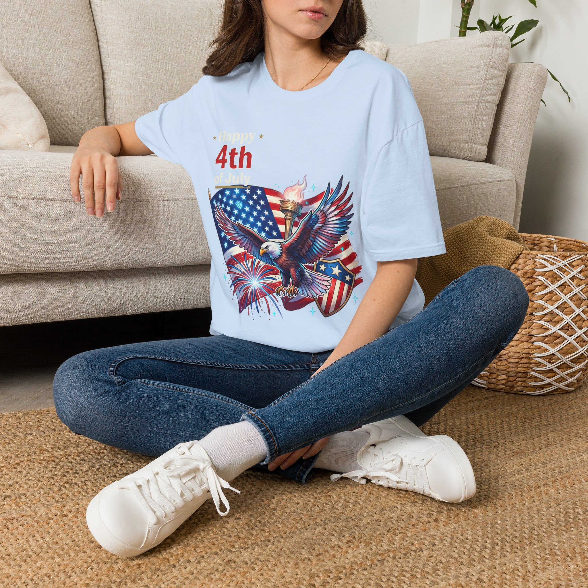 4th of July Eagle T-Shirt — American Flag, Torch & Fireworks Patriotic Tee
