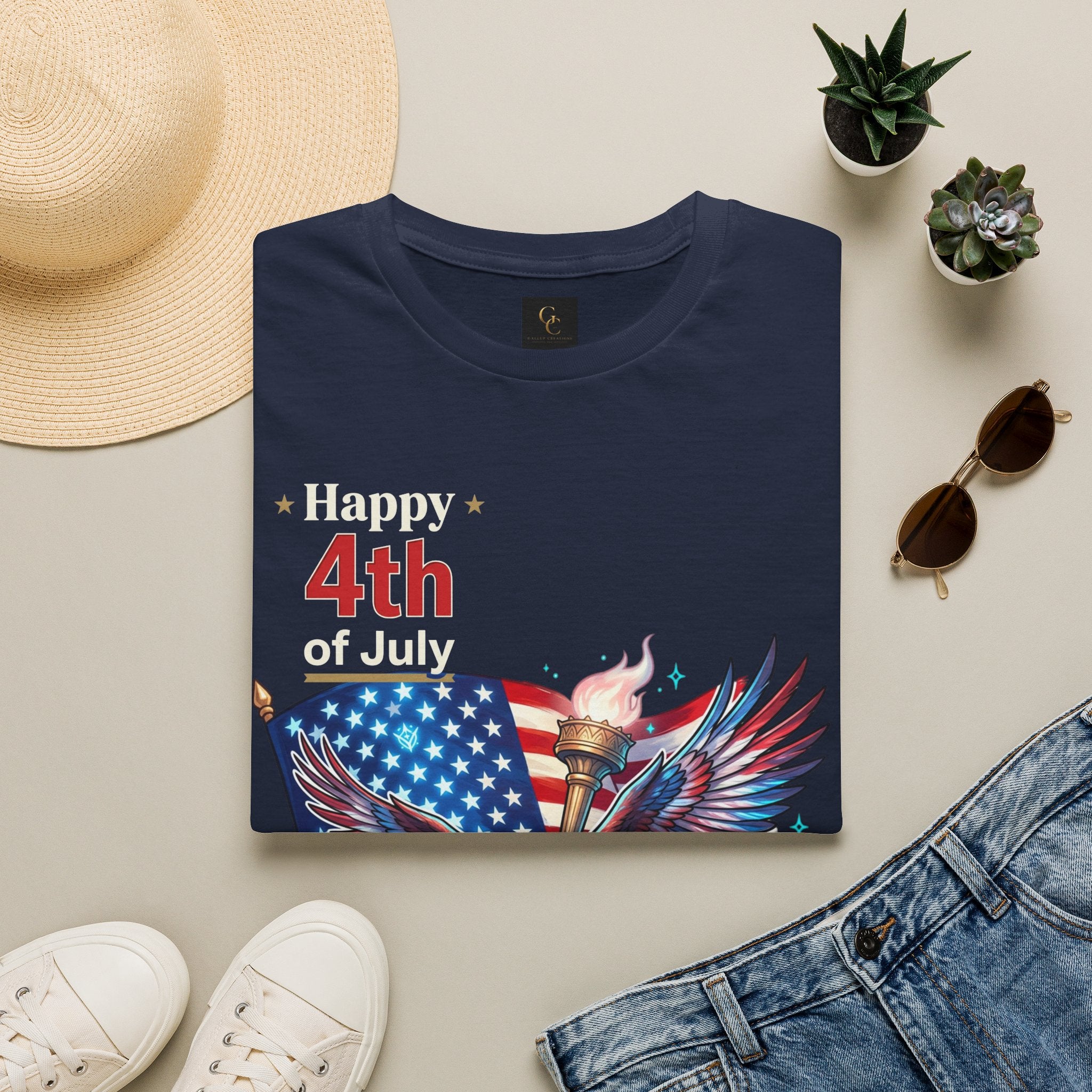 4th of July Eagle T-Shirt — American Flag, Torch & Fireworks Patriotic Tee