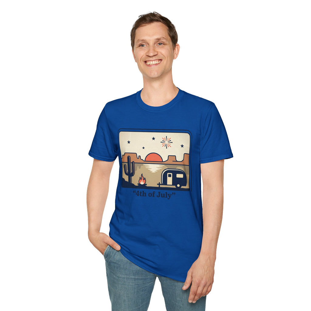 4th of July Retro Desert T-Shirt — Camper, Cactus & Sunset Patriotic Tee