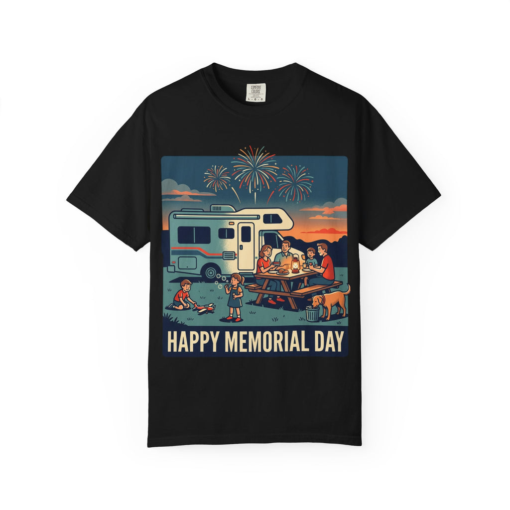 Memorial Day RV Camping T-Shirt – "Happy Memorial Day" Family Campfire Design