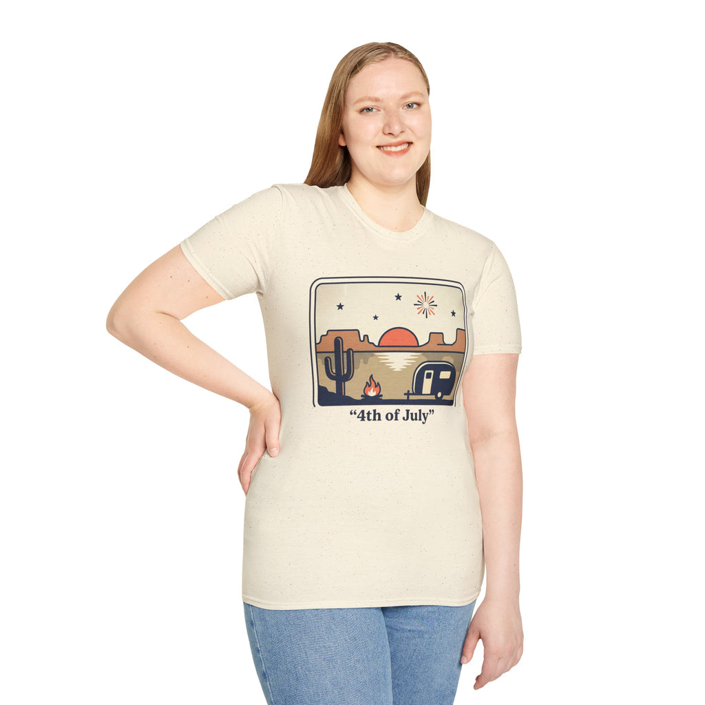 4th of July Retro Desert T-Shirt — Camper, Cactus & Sunset Patriotic Tee