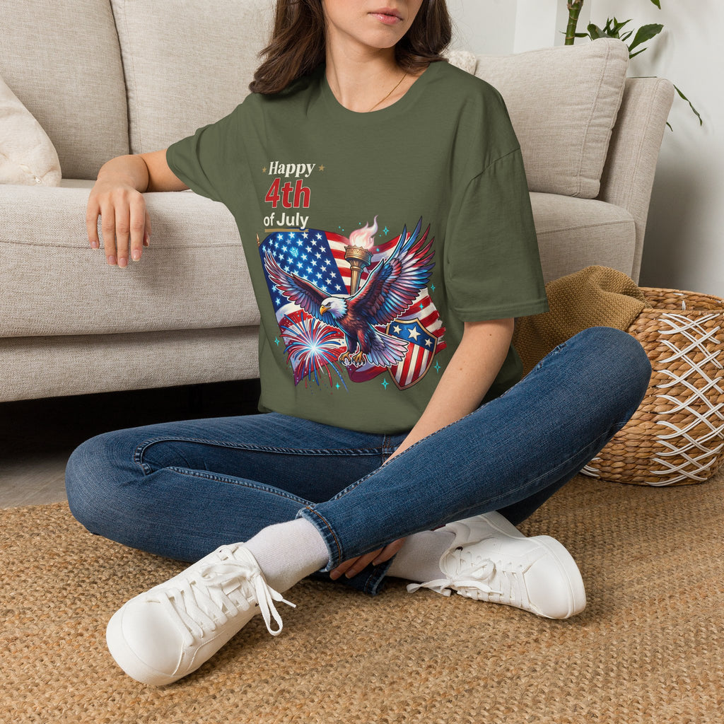 4th of July Eagle T-Shirt — American Flag, Torch & Fireworks Patriotic Tee