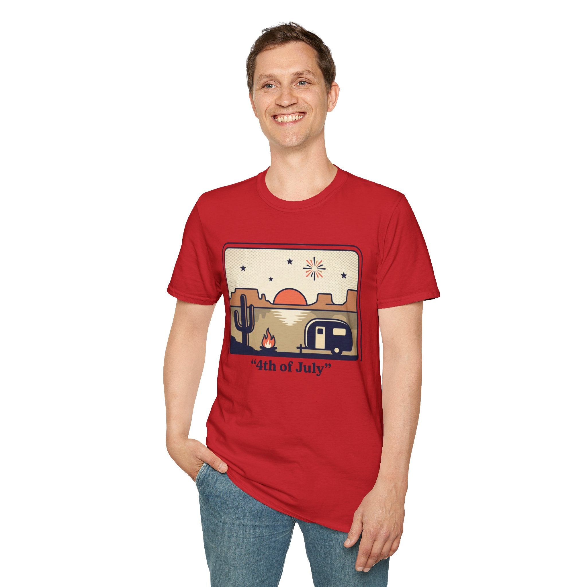 4th of July Retro Desert T-Shirt — Camper, Cactus & Sunset Patriotic Tee
