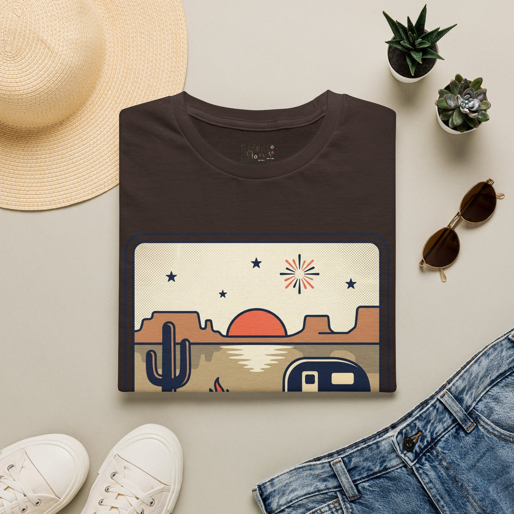 4th of July Retro Desert T-Shirt — Camper, Cactus & Sunset Patriotic Tee