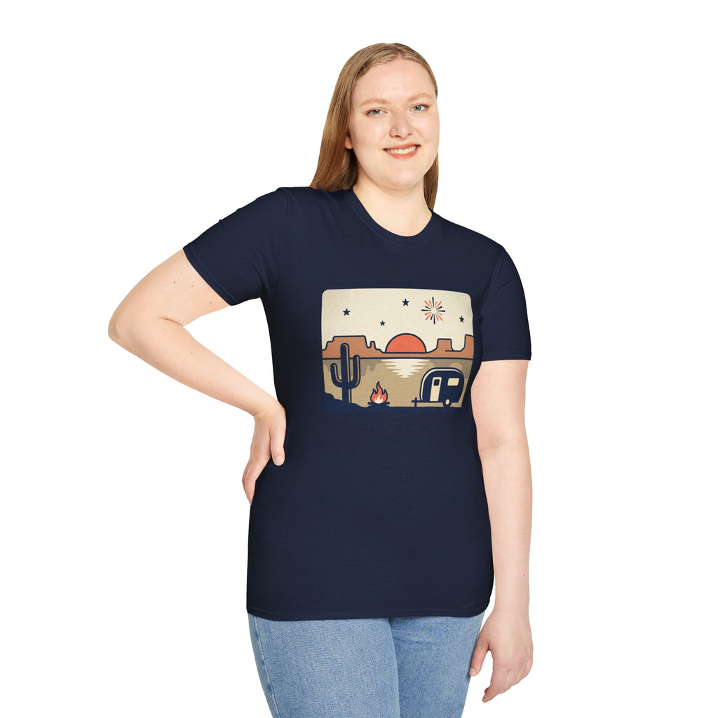 4th of July Retro Desert T-Shirt — Camper, Cactus & Sunset Patriotic Tee