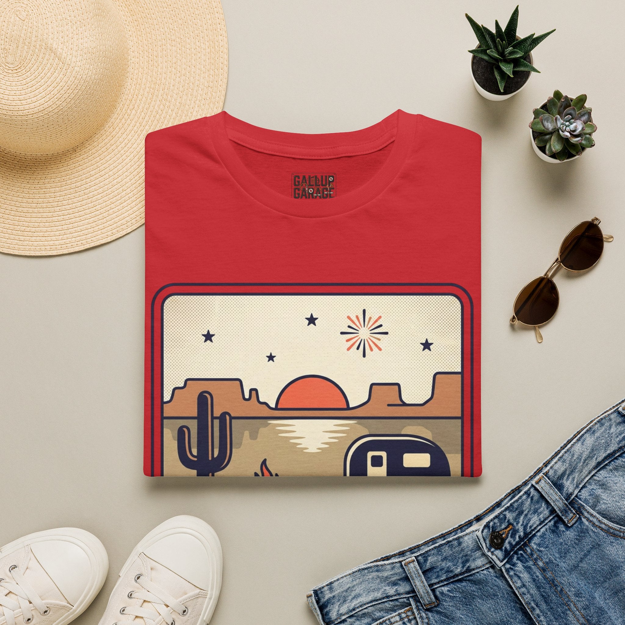 4th of July Retro Desert T-Shirt — Camper, Cactus & Sunset Patriotic Tee