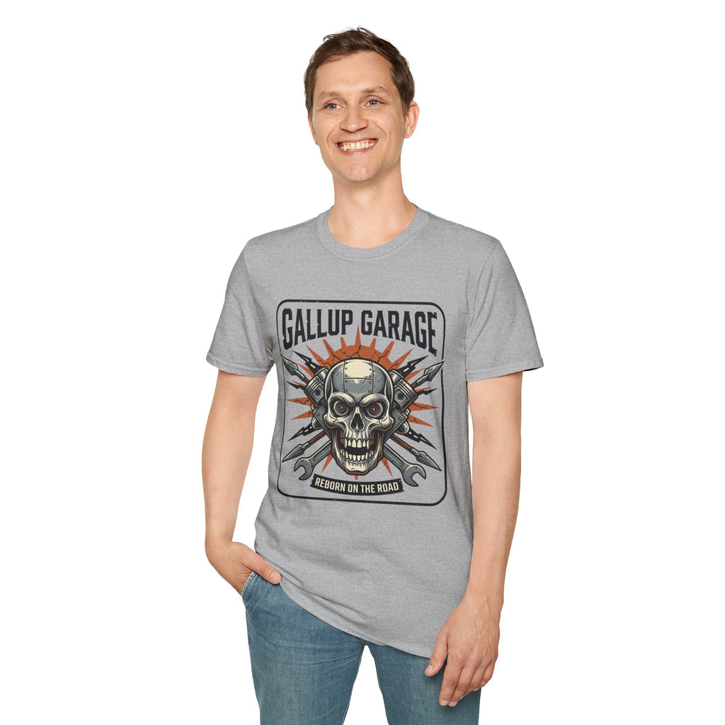 Gallup Garage Skull Tee — Vintage Automotive Mechanic T‑Shirt