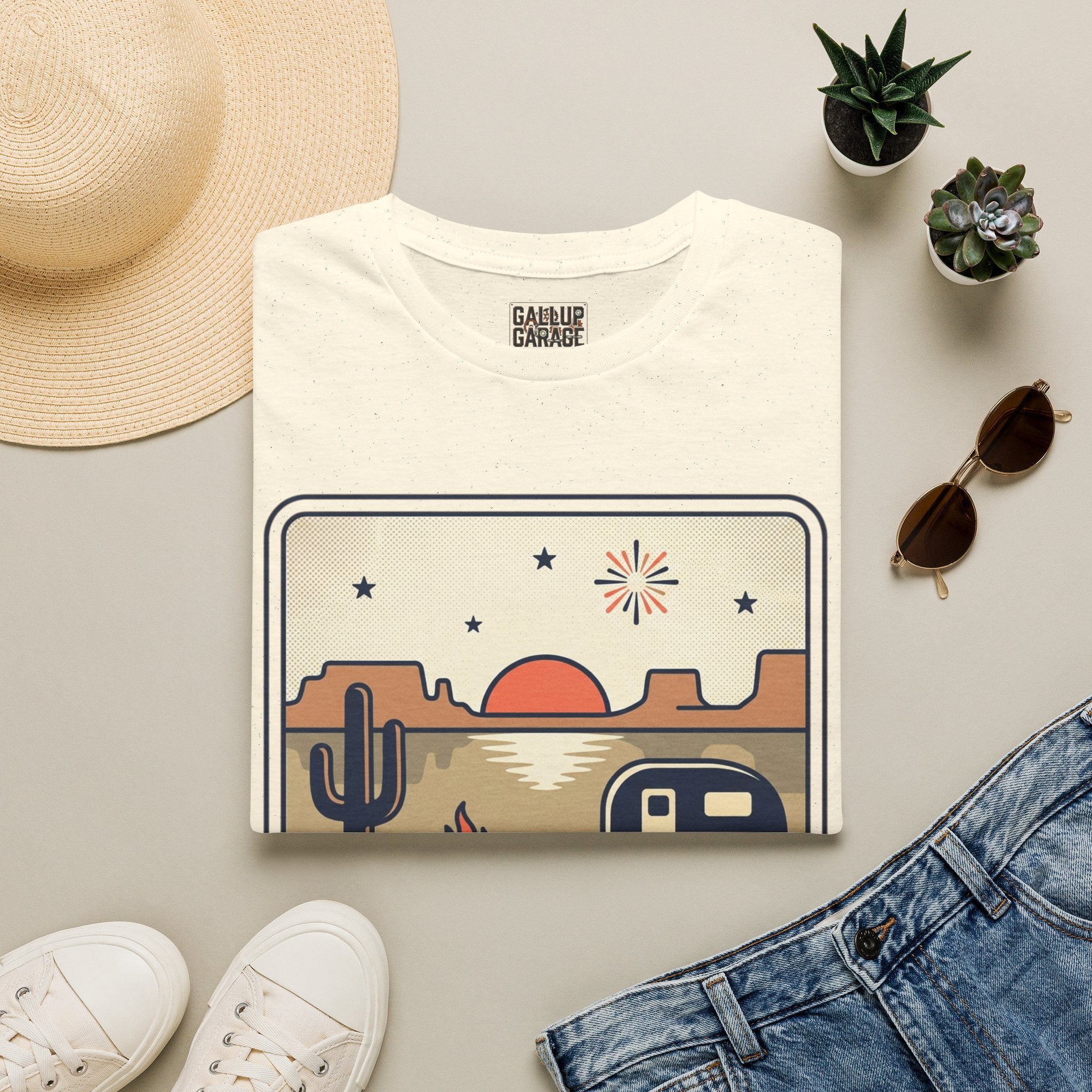 4th of July Retro Desert T-Shirt — Camper, Cactus & Sunset Patriotic Tee