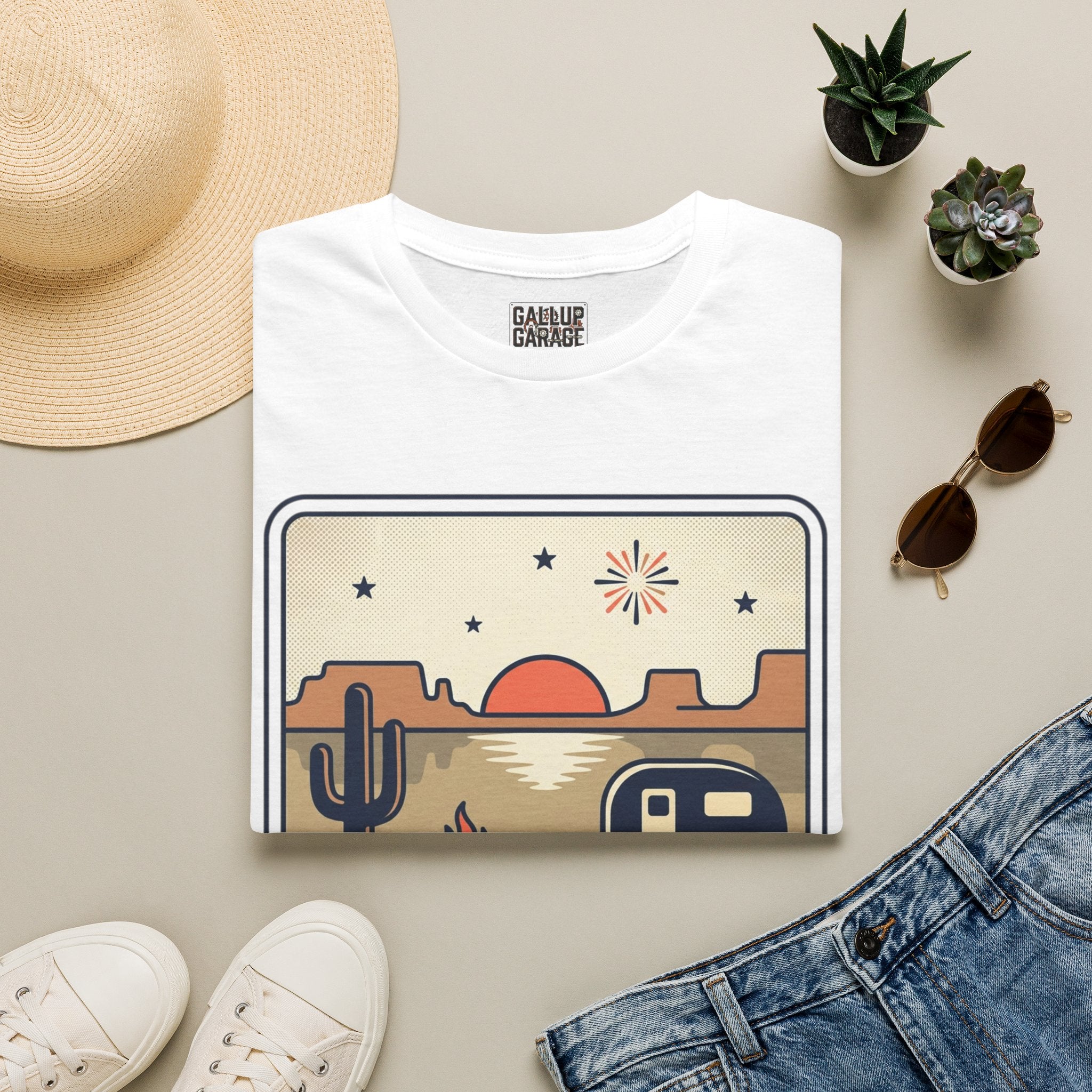 4th of July Retro Desert T-Shirt — Camper, Cactus & Sunset Patriotic Tee