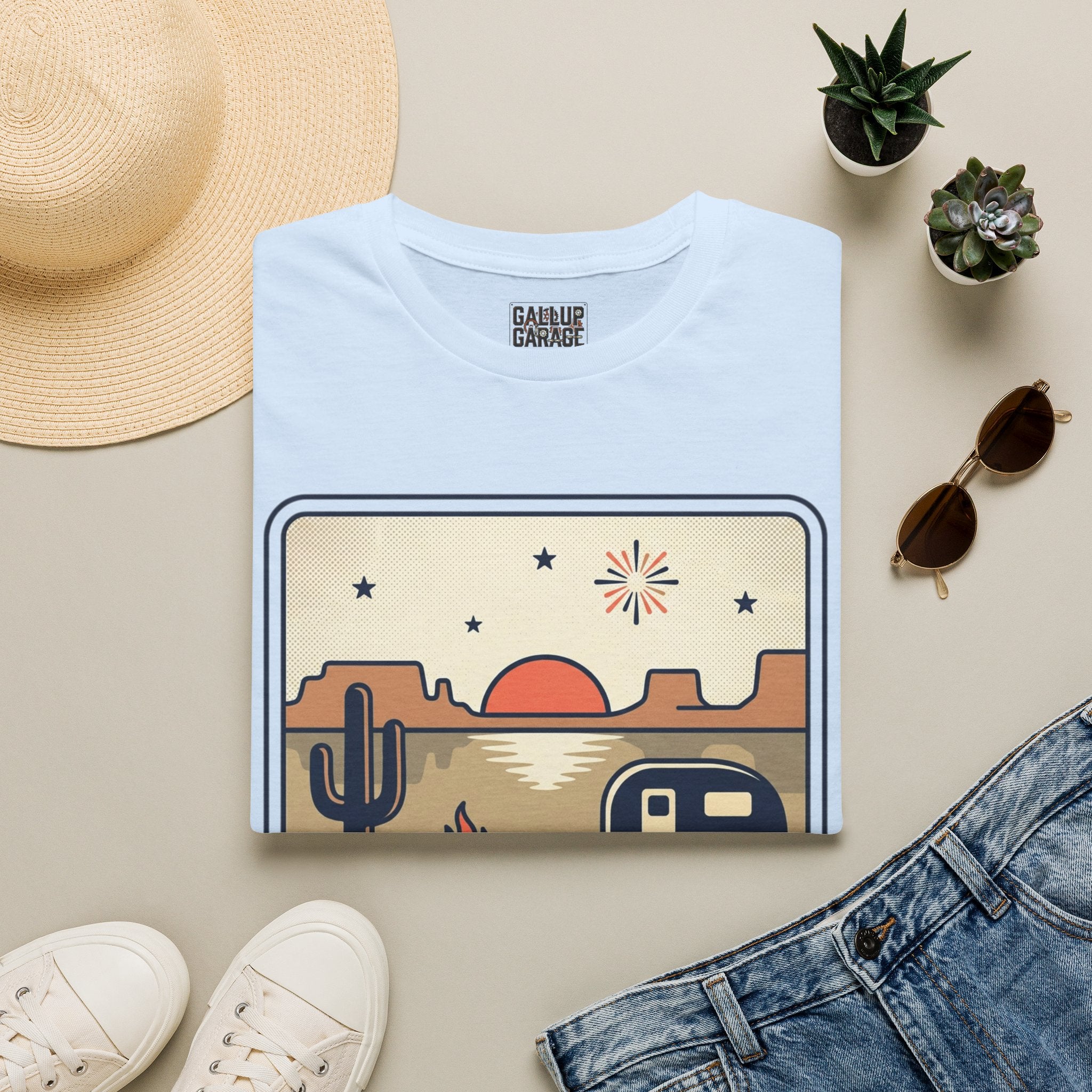 4th of July Retro Desert T-Shirt — Camper, Cactus & Sunset Patriotic Tee