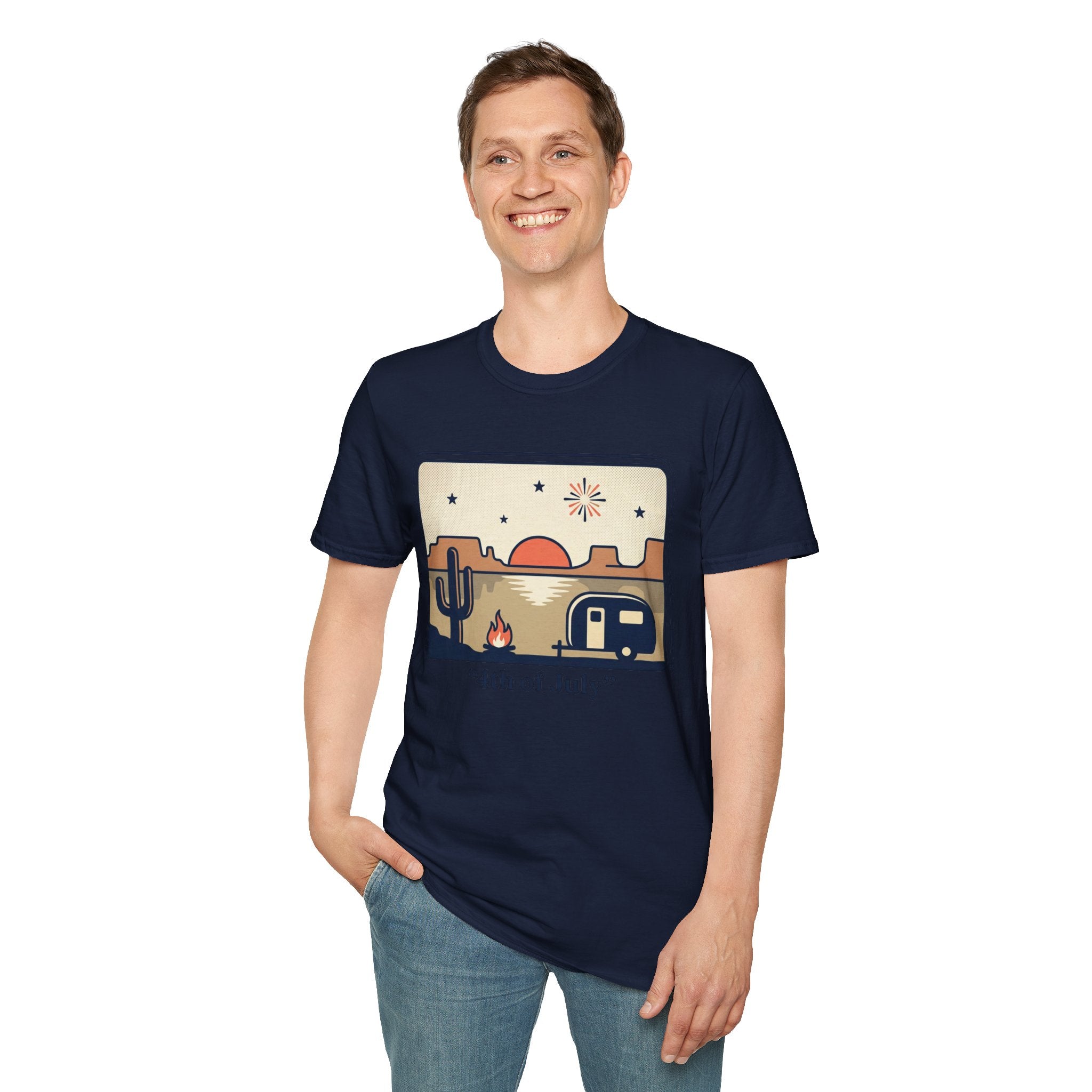 4th of July Retro Desert T-Shirt — Camper, Cactus & Sunset Patriotic Tee