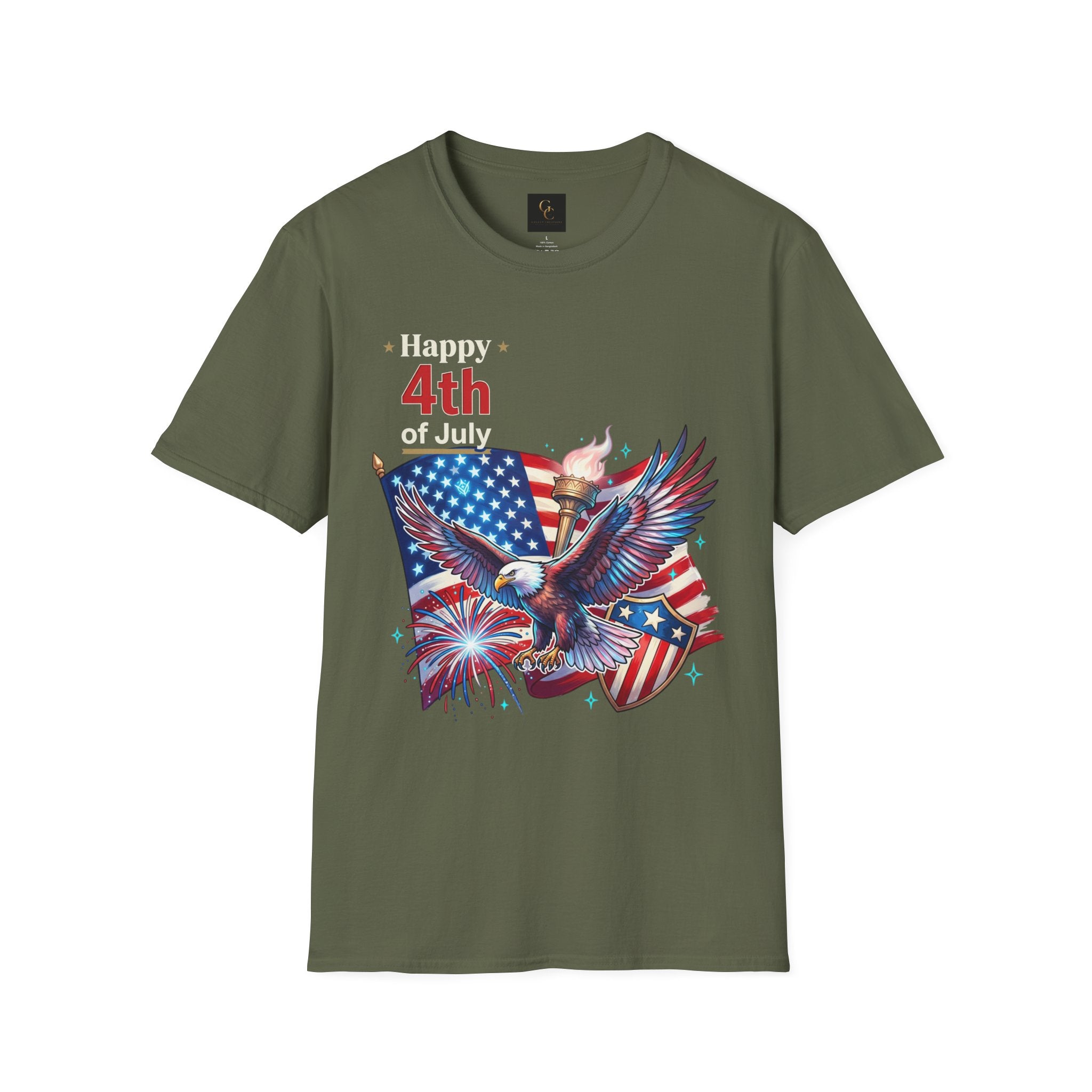 4th of July Eagle T-Shirt — American Flag, Torch & Fireworks Patriotic Tee
