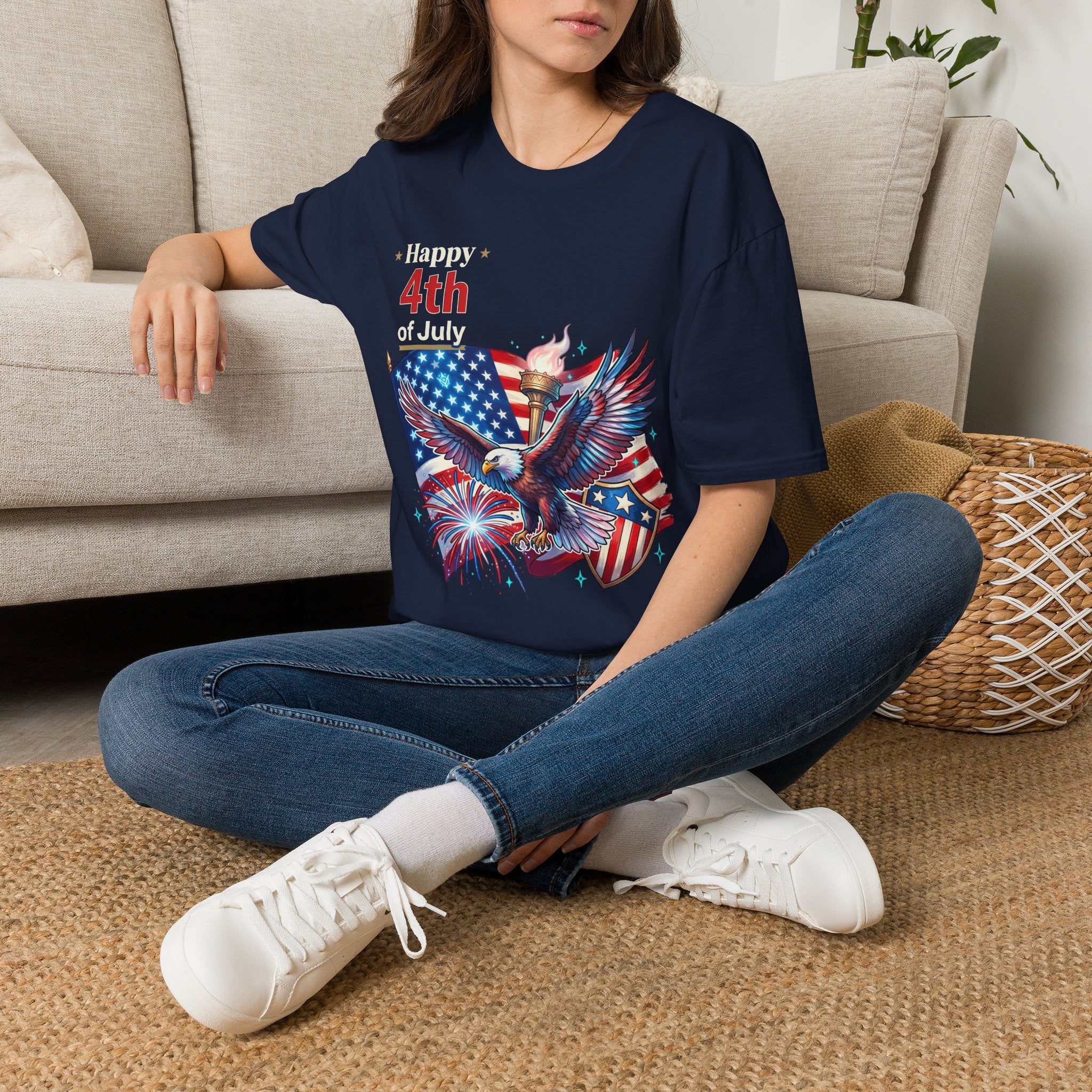 4th of July Eagle T-Shirt — American Flag, Torch & Fireworks Patriotic Tee