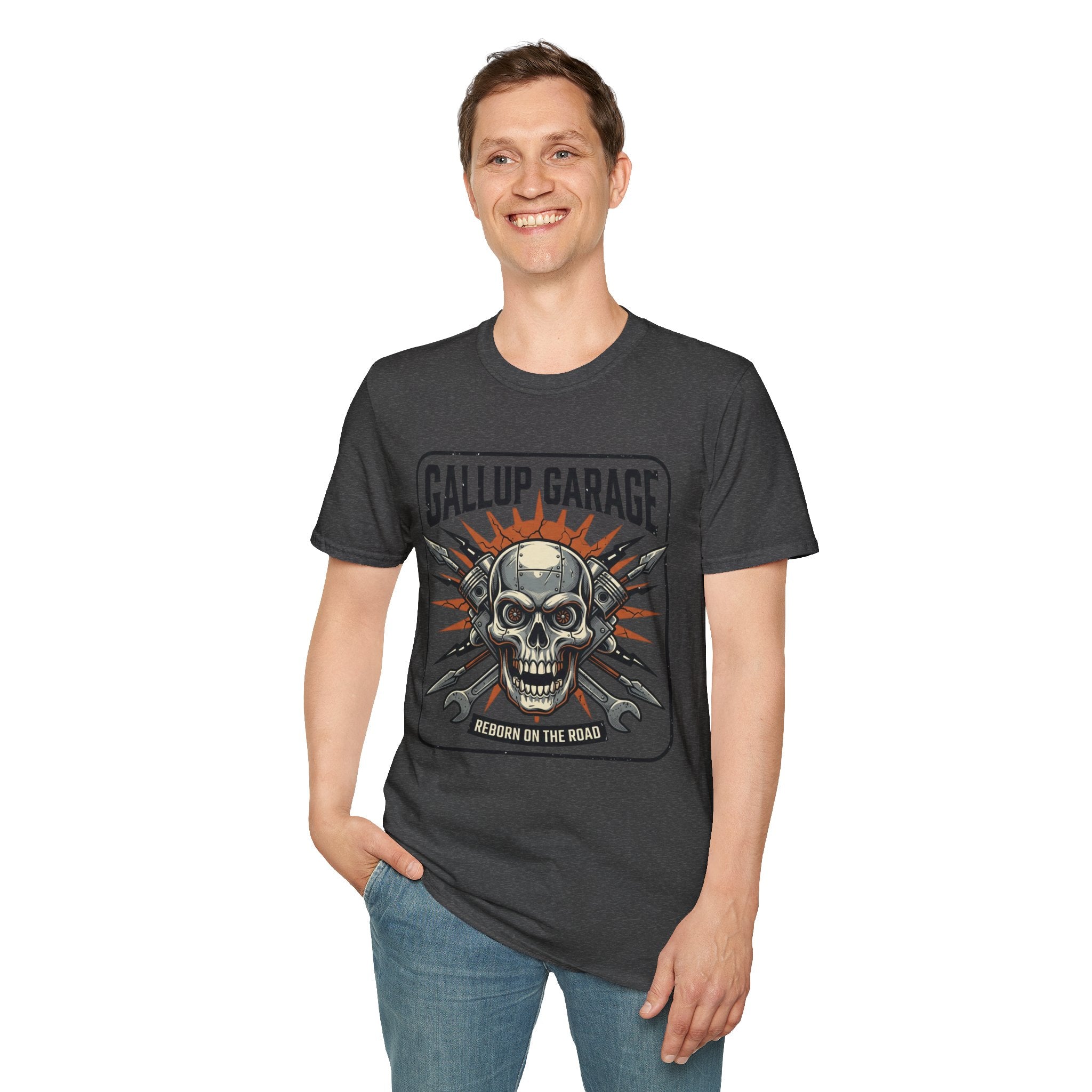 Gallup Garage Skull Tee — Vintage Automotive Mechanic T‑Shirt