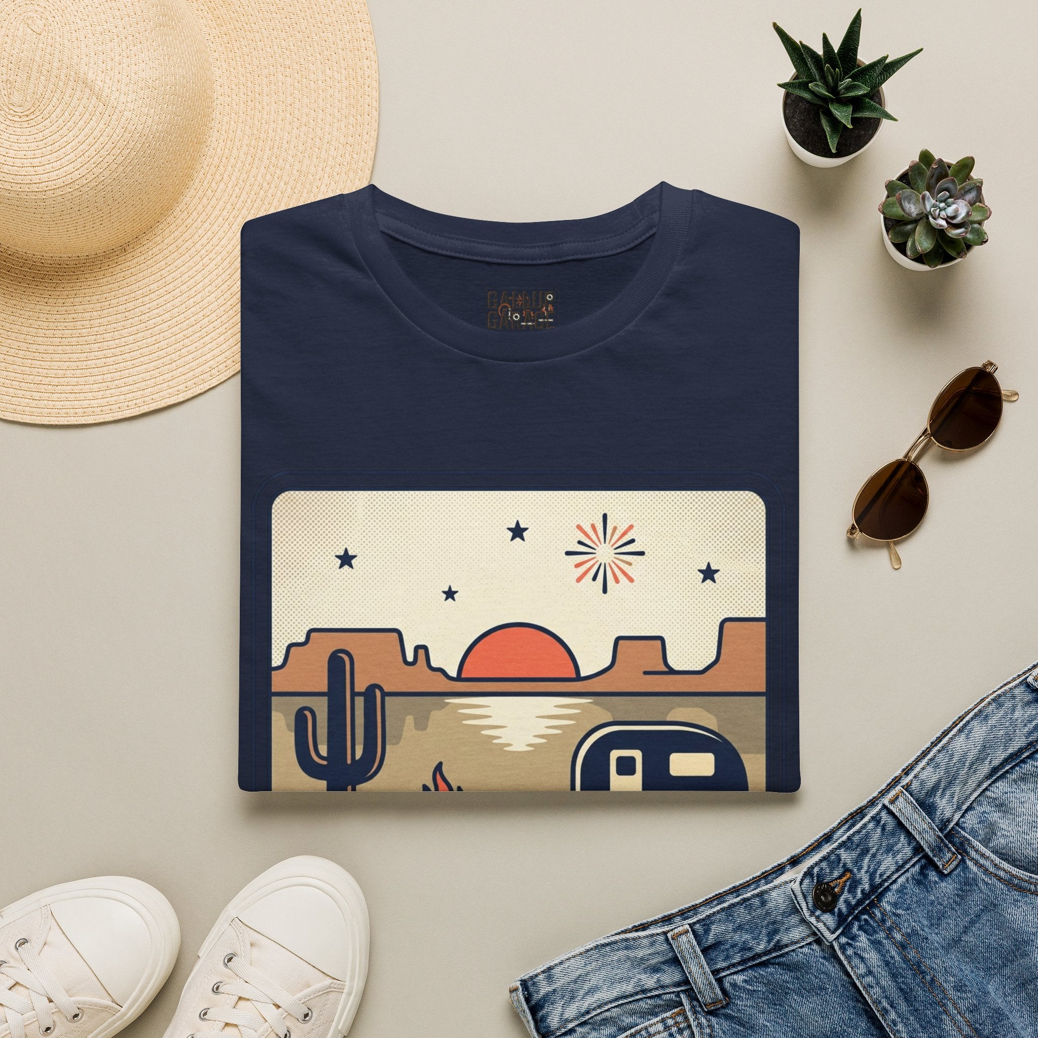 4th of July Retro Desert T-Shirt — Camper, Cactus & Sunset Patriotic Tee